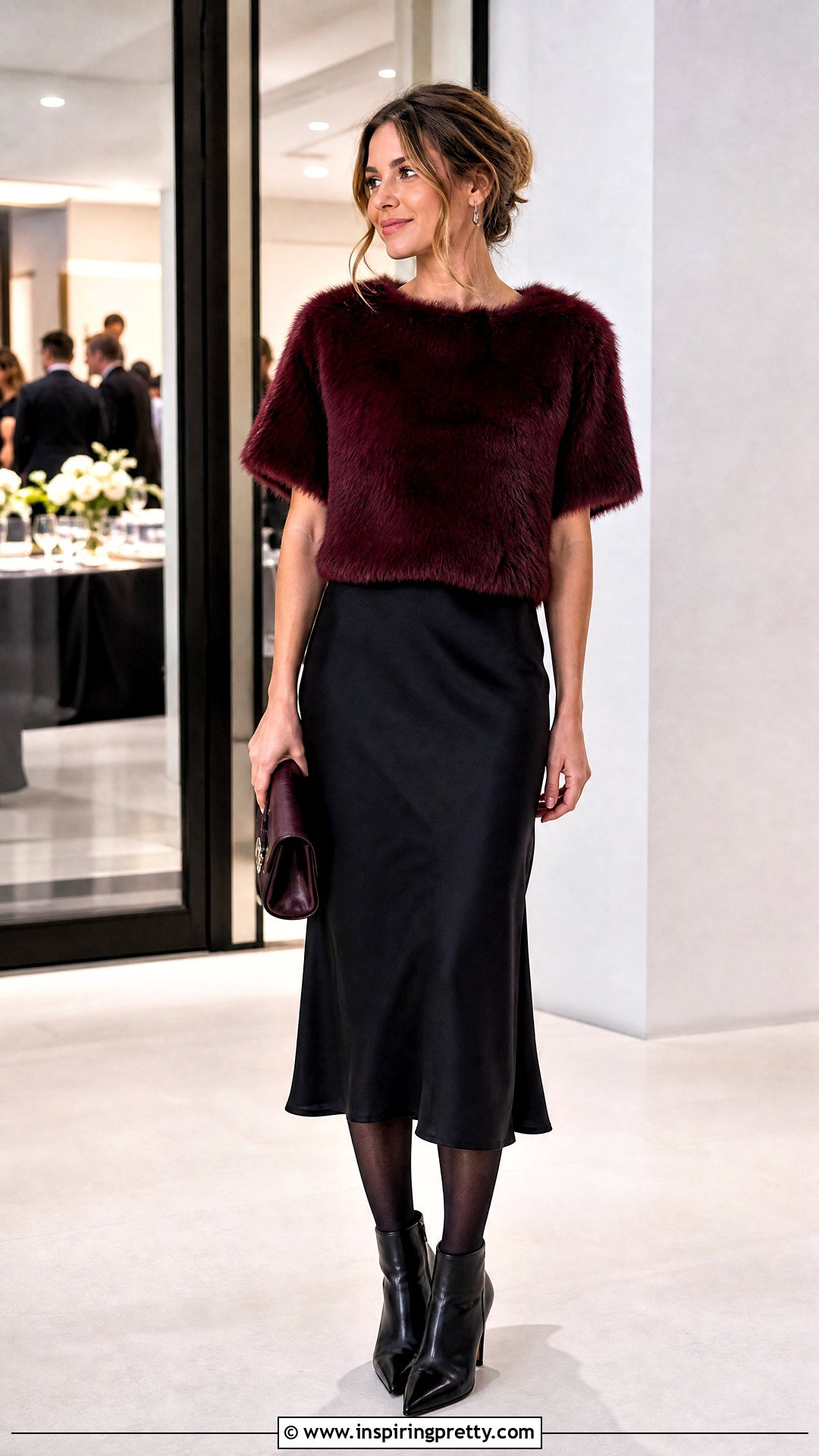 Burgundy Fur Top Over A Black Slip Dress - 25 burgundy fur top outfit ideas
