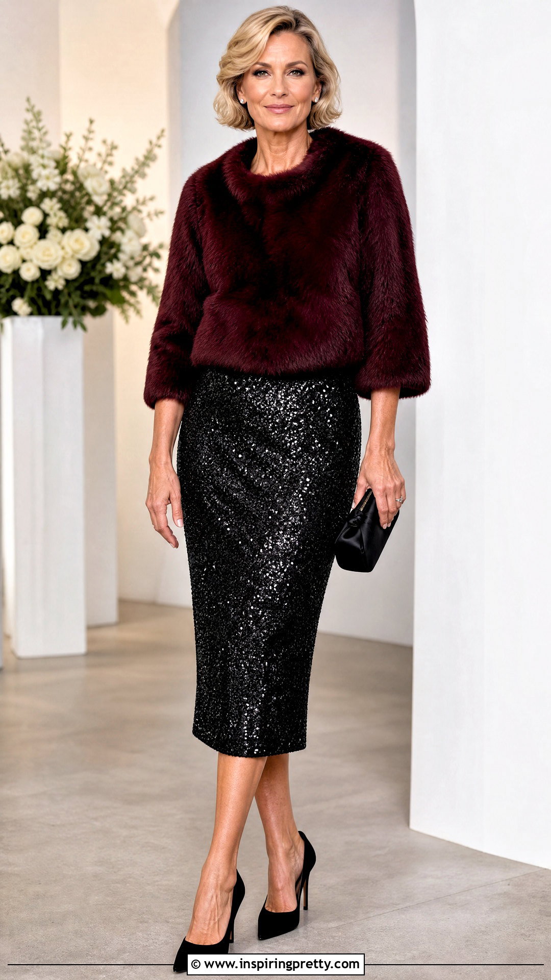 Burgundy Fur Top With Black Sequin Skirt - 25 burgundy fur top outfit ideas