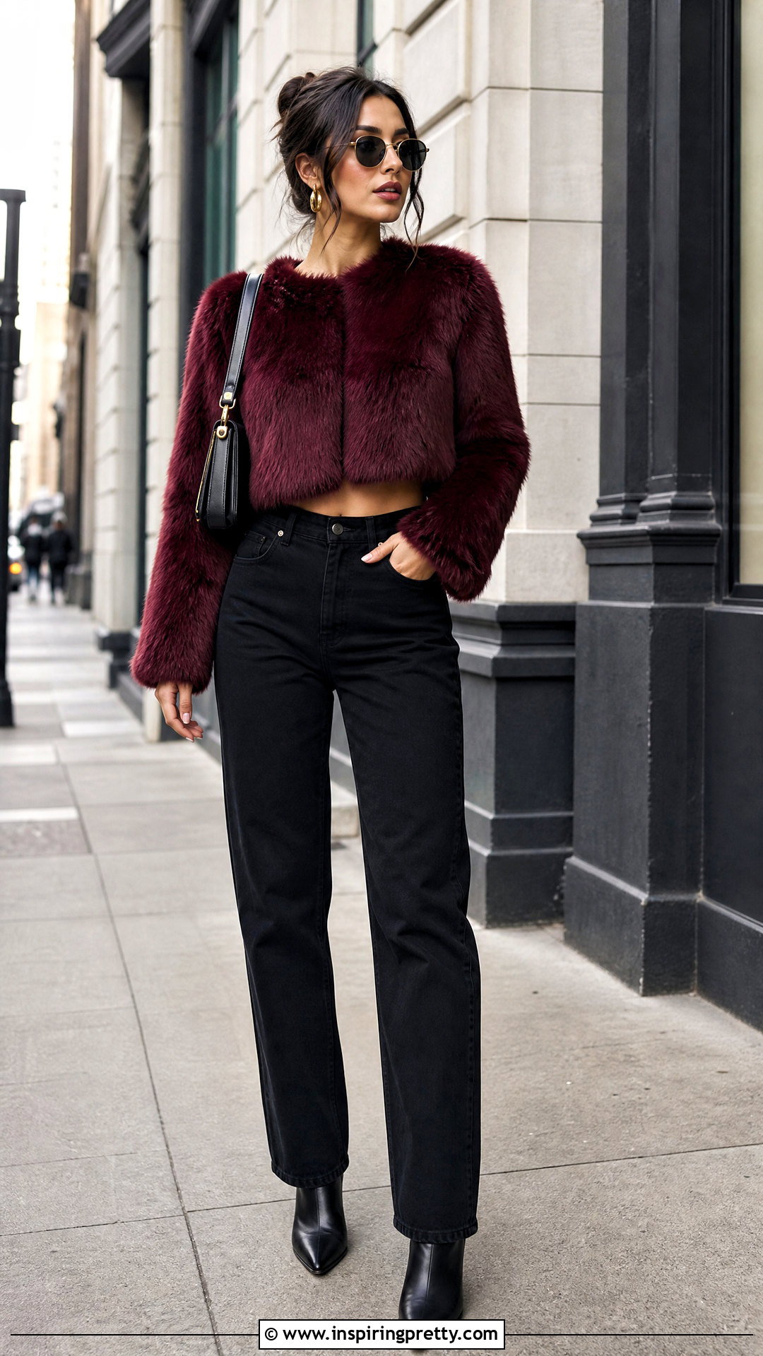 Burgundy Fur Top With Black Straight Leg Jeans - 25 burgundy fur top outfit ideas