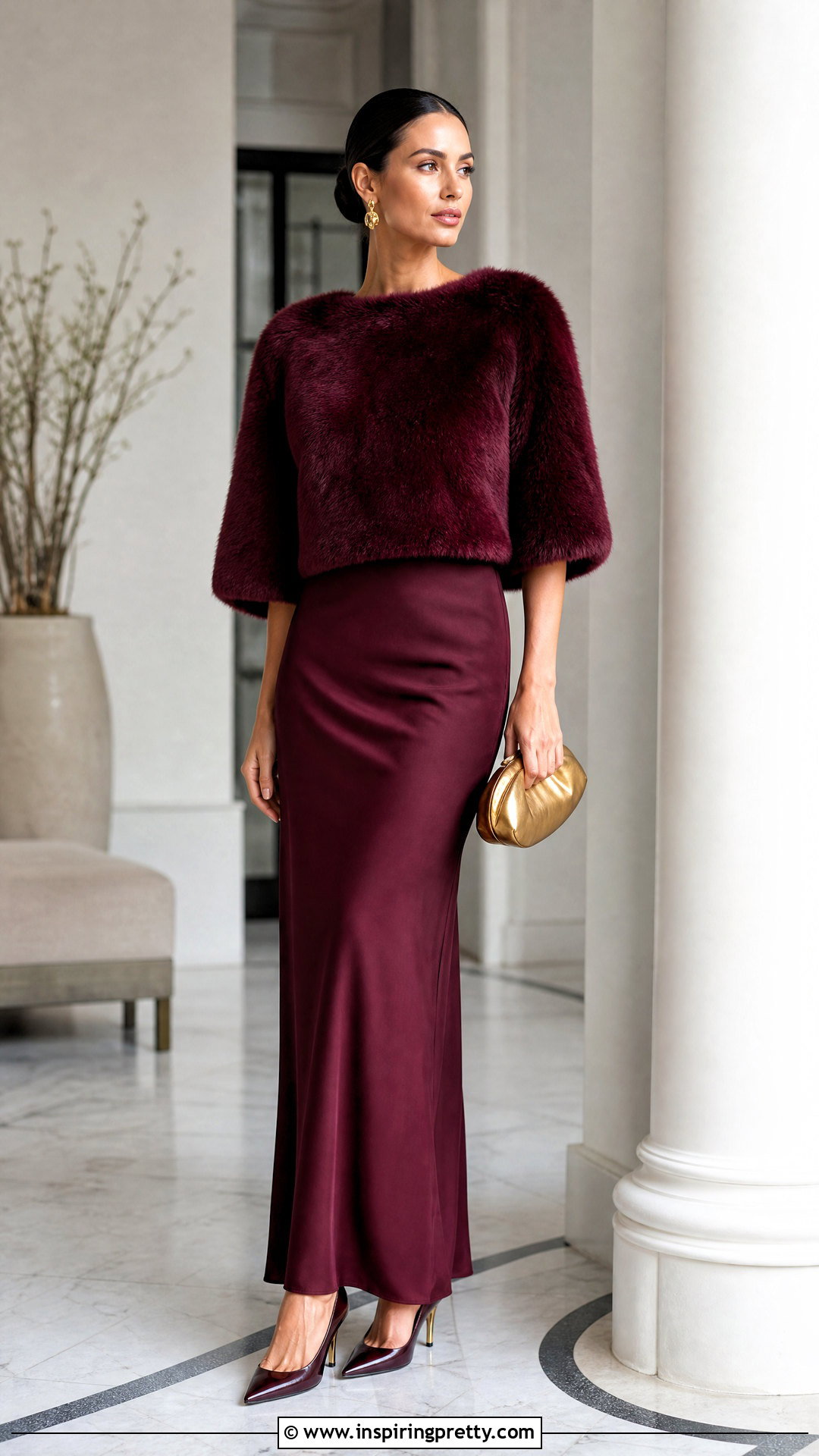 Burgundy Fur Top With Burgundy Maxi Skirt - 25 burgundy fur top outfit ideas
