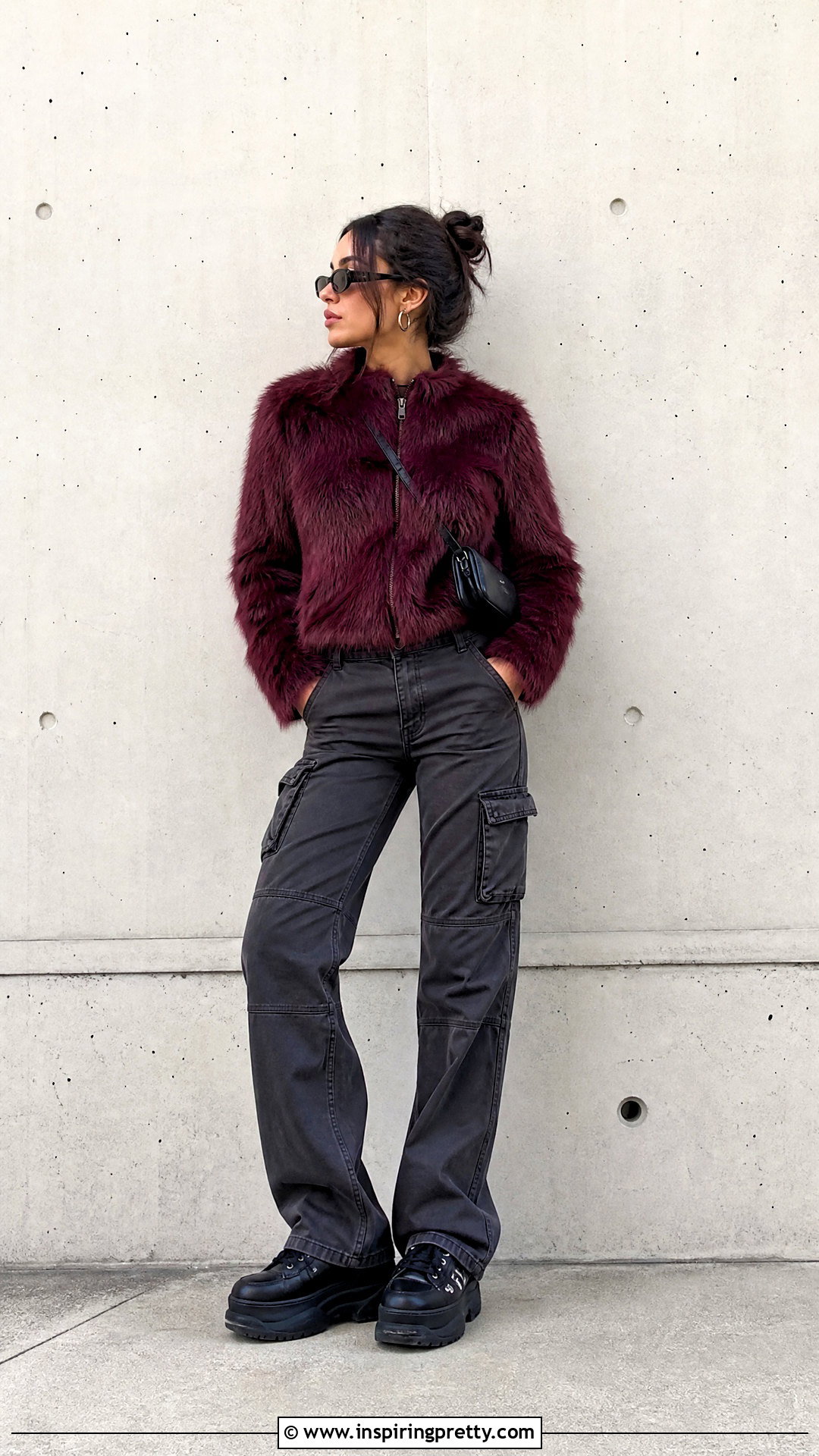 Burgundy Fur Top With Charcoal Cargo Pants - 25 burgundy fur top outfit ideas