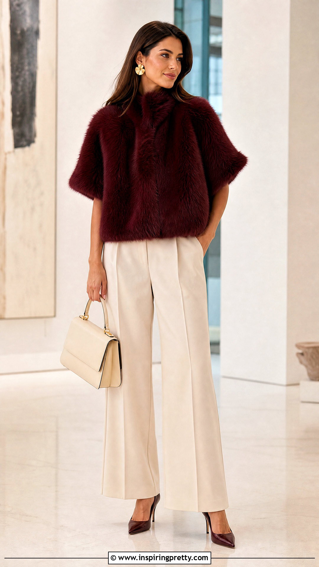 Burgundy Fur Top With Cream Wide Leg Trousers - 25 burgundy fur top outfit ideas