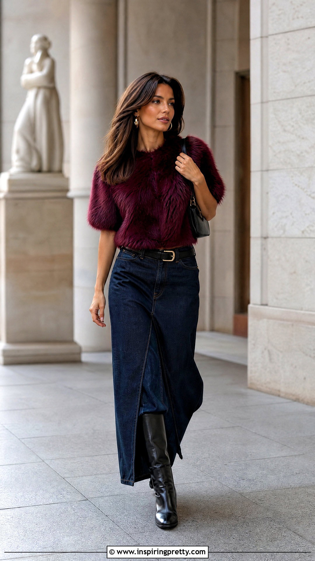 Burgundy Fur Top With Denim Maxi Skirt - 25 burgundy fur top outfit ideas