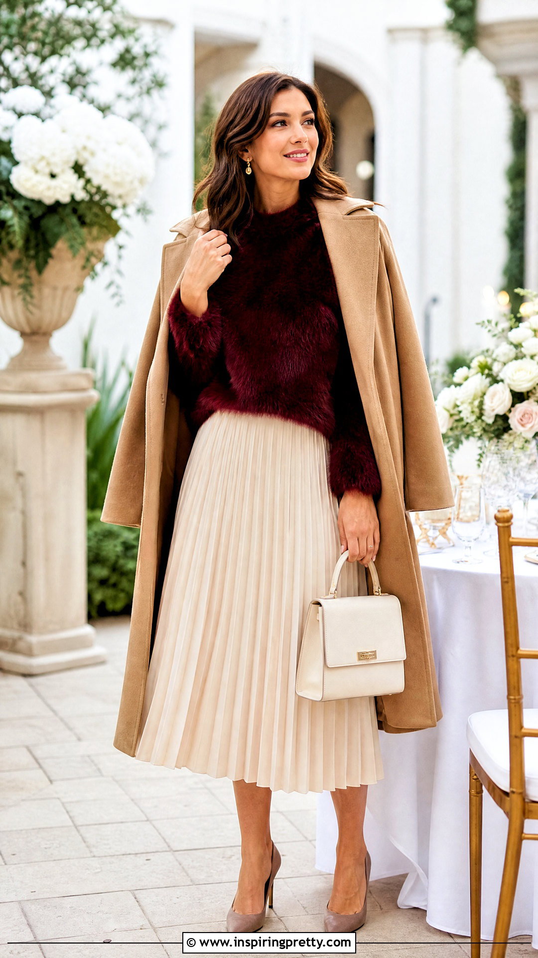Burgundy Fur Top With Ivory Pleated Skirt - 25 burgundy fur top outfit ideas