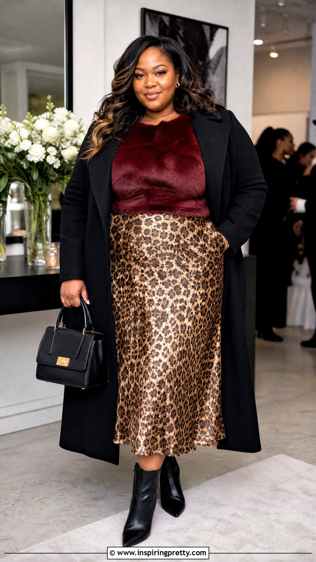 Burgundy Fur Top With Leopard Midi Skirt - 25 burgundy fur top outfit ideas