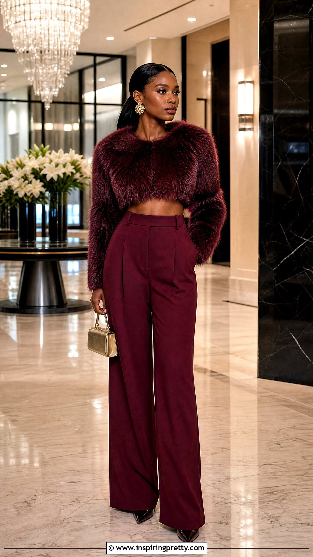 Burgundy Fur Top With Matching Burgundy Trousers - 25 burgundy fur top outfit ideas