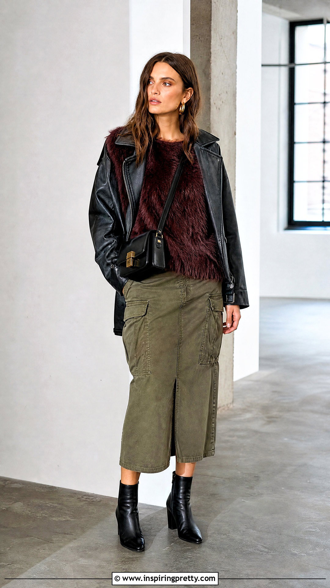 Burgundy Fur Top With Olive Cargo Skirt - 25 burgundy fur top outfit ideas