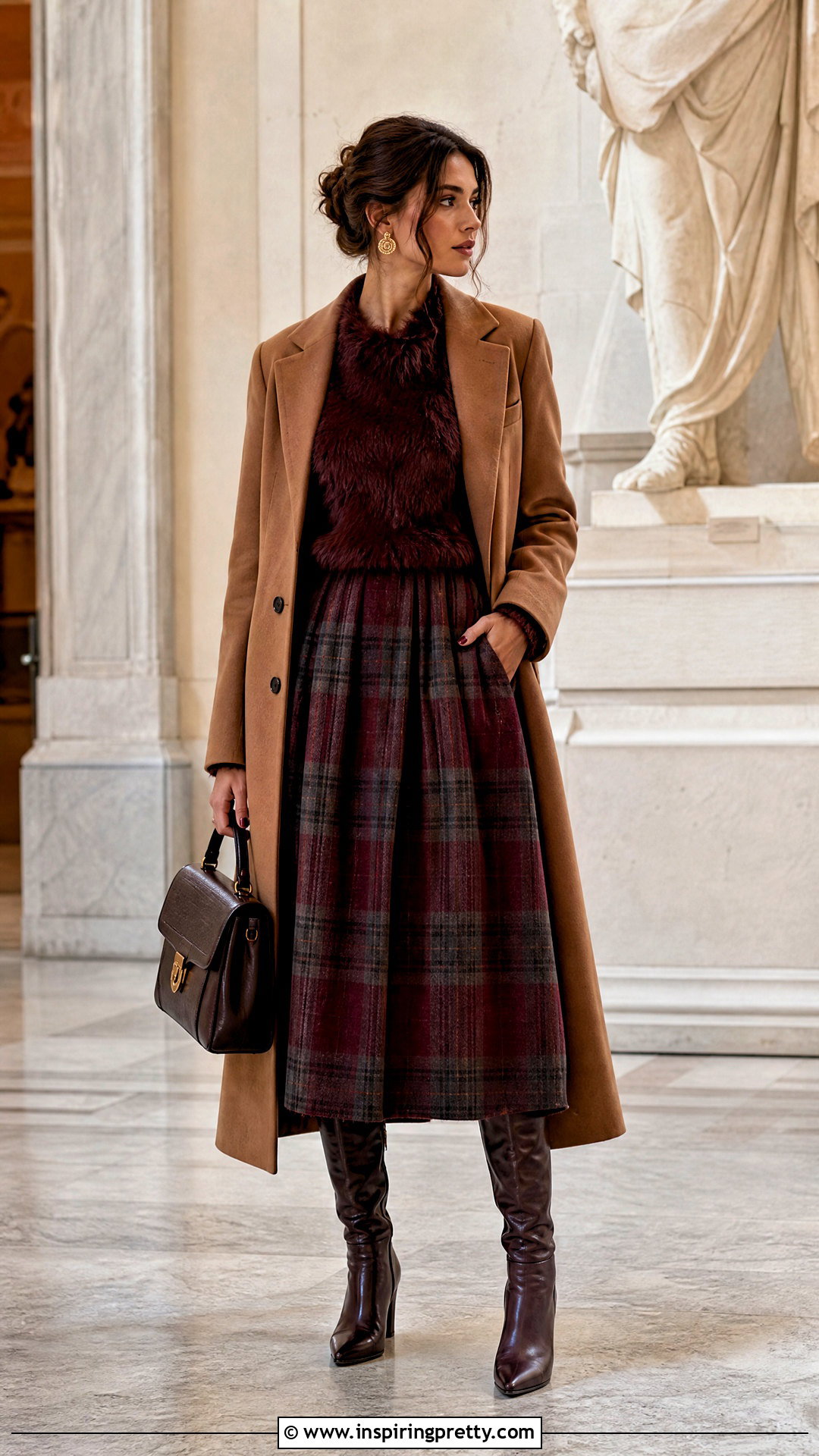 Burgundy Fur Top With Plaid Midi Skirt - 25 burgundy fur top outfit ideas