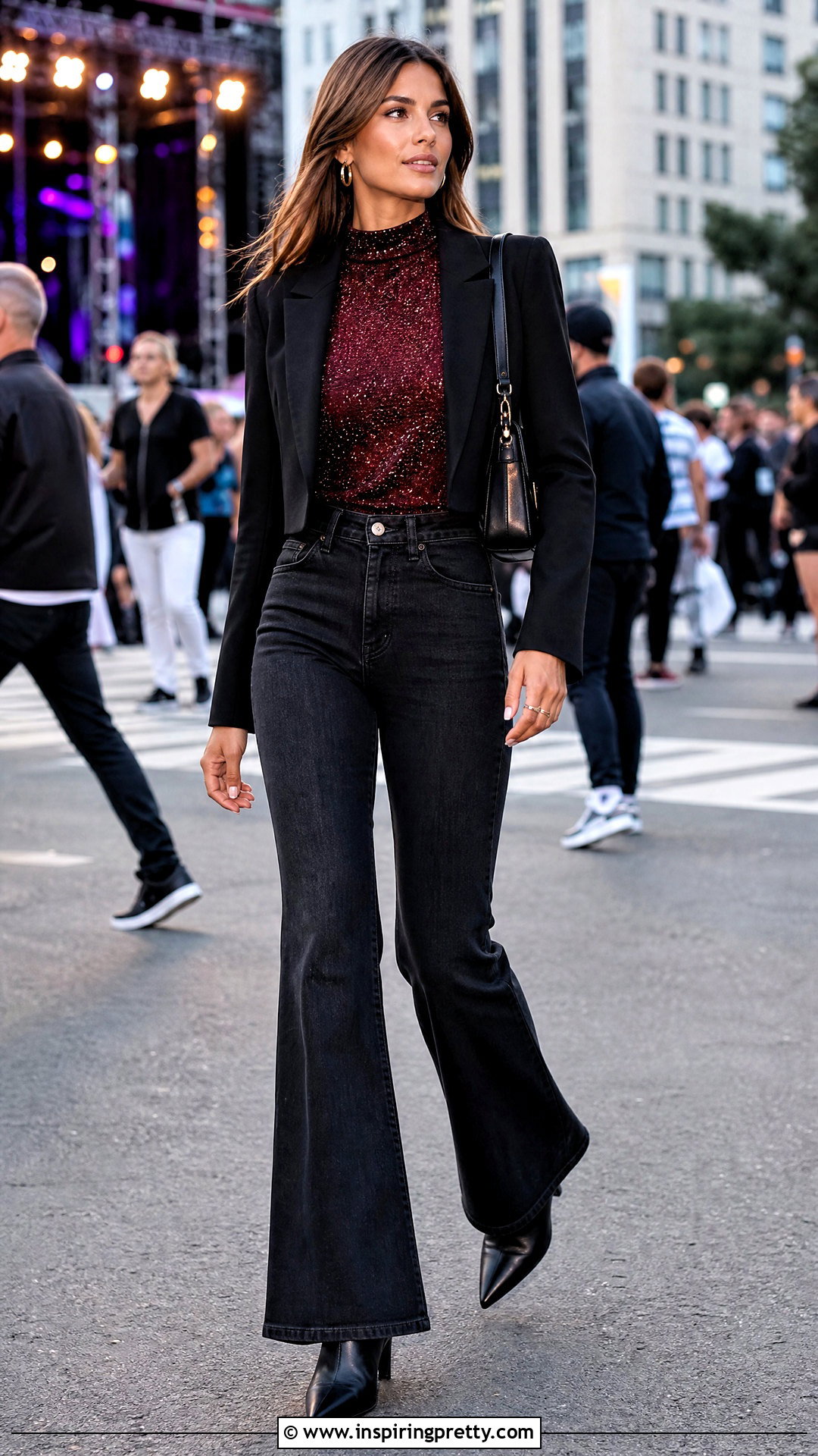 Burgundy Glitter Top With Black Flared Jeans - 25 burgundy glitter top outfit ideas