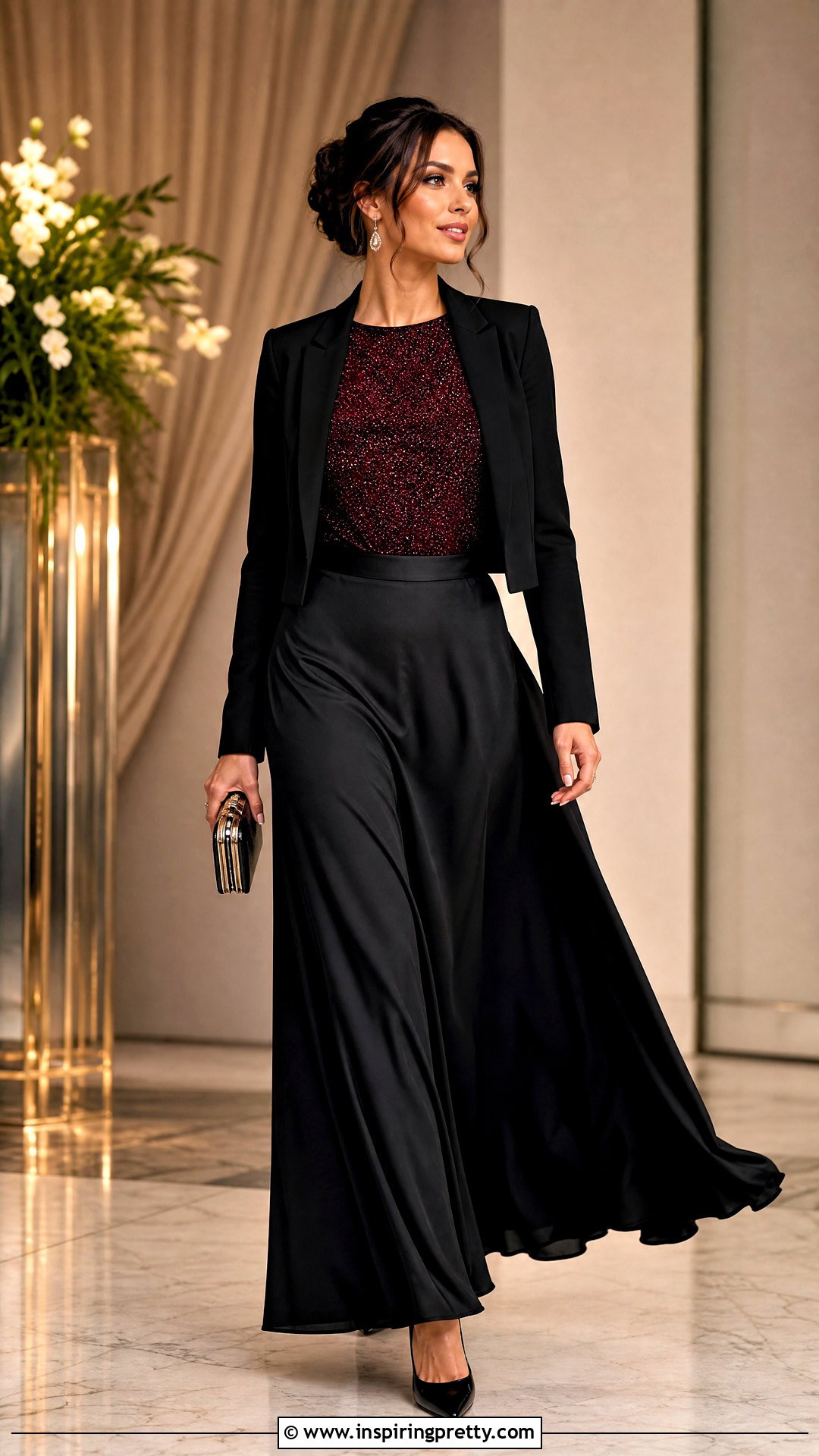 Burgundy Glitter Top With Black Maxi Skirt - 25 burgundy glitter top outfit ideas