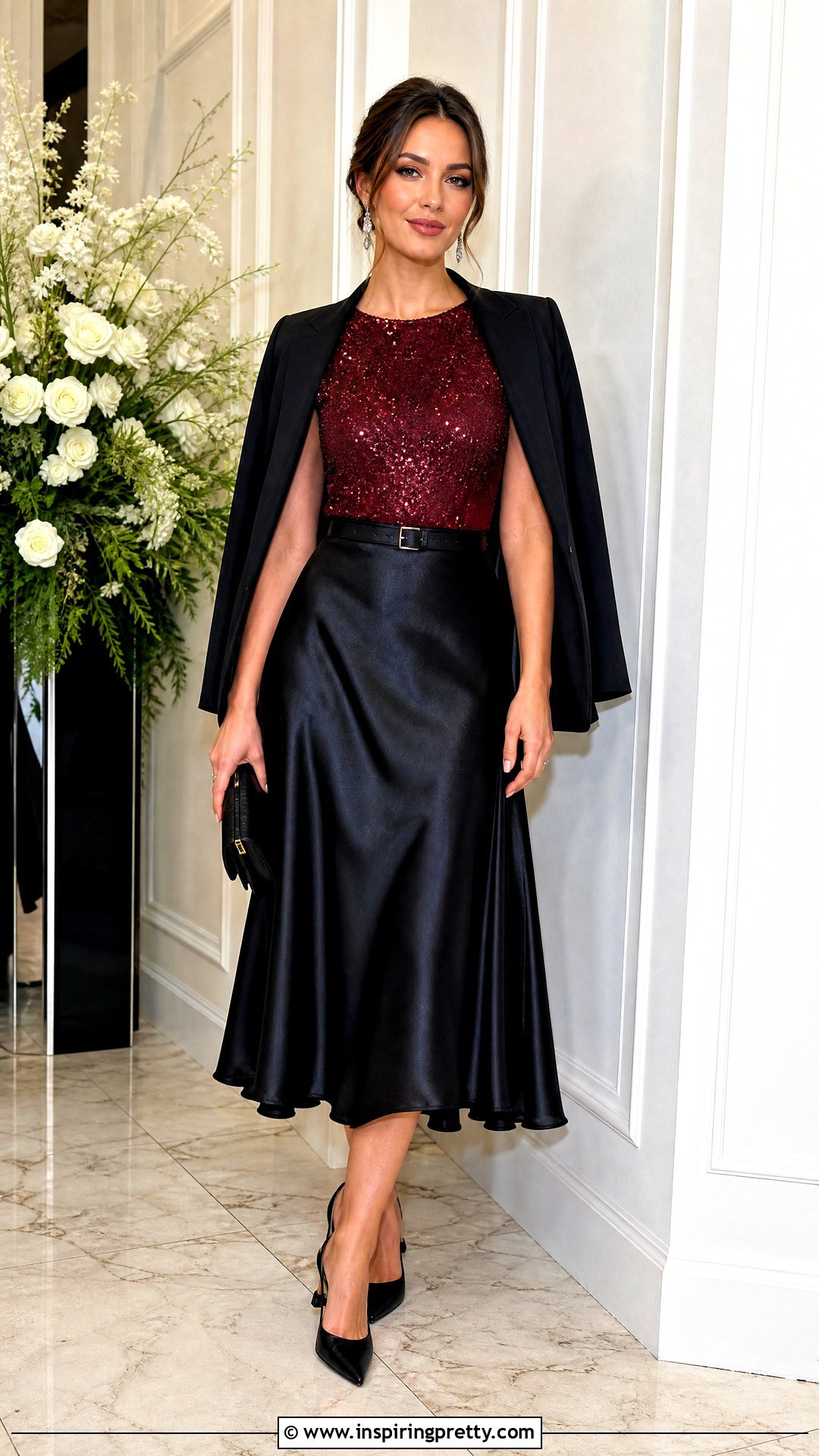 Burgundy Glitter Top With Black Satin Skirt - 25 burgundy glitter top outfit ideas