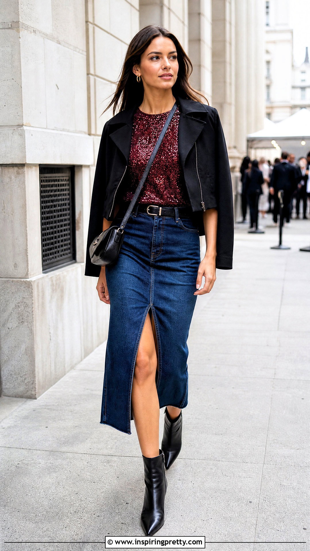 Burgundy Glitter Top With Blue Denim Skirt - 25 burgundy glitter top outfit ideas