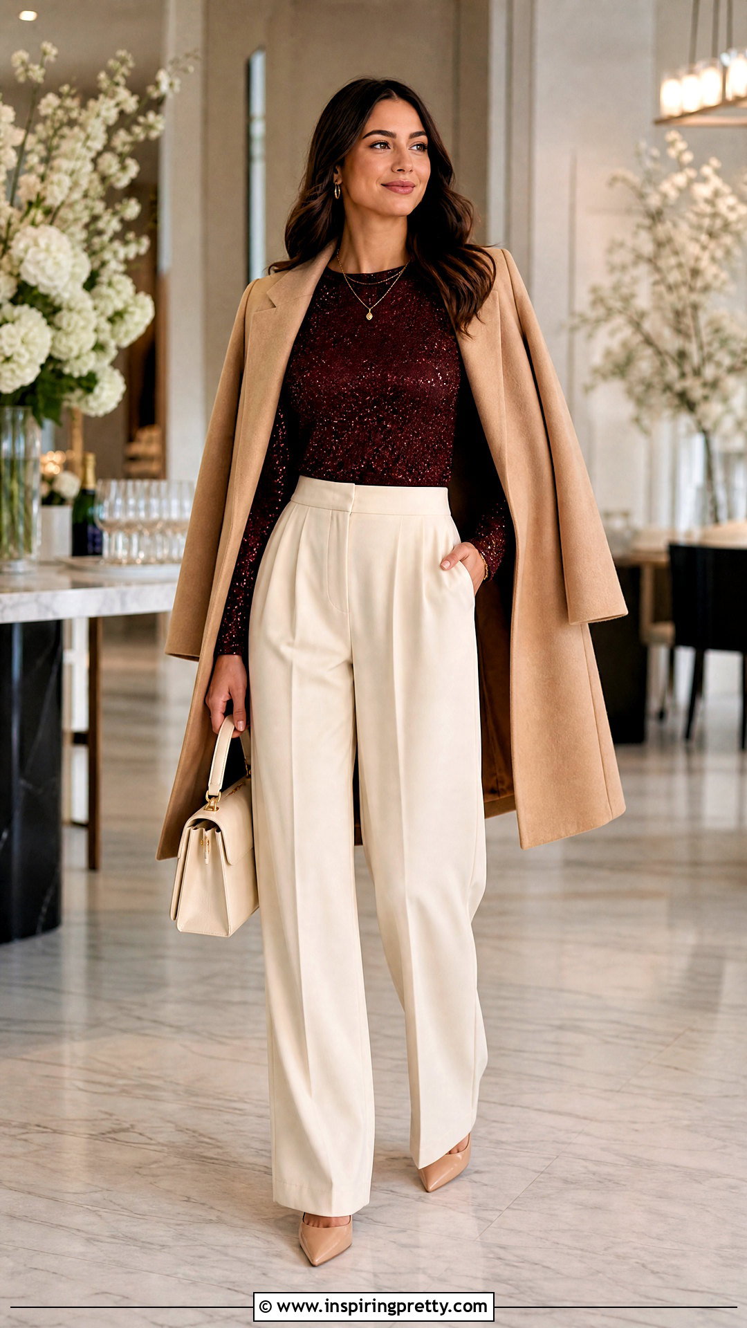Burgundy Glitter Top With Cream Tailored Trousers - 25 burgundy glitter top outfit ideas