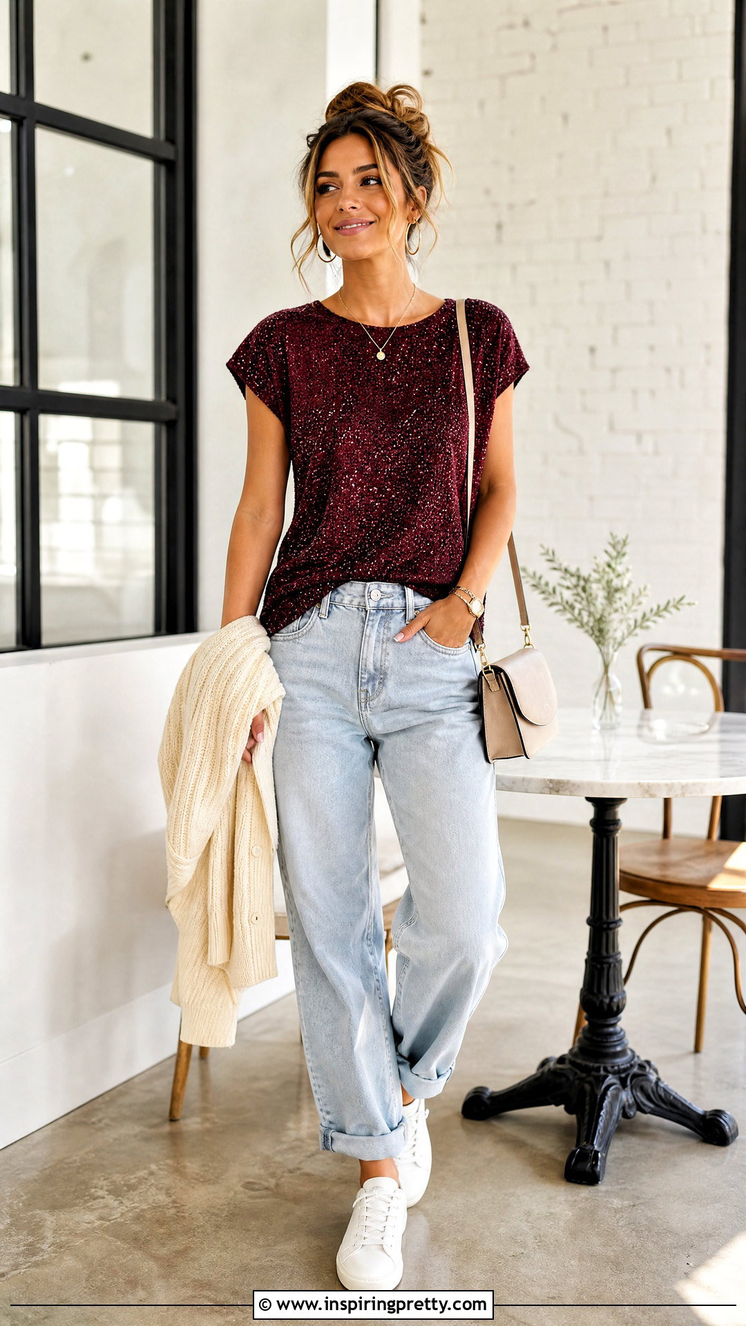 Burgundy Glitter Top With Light Wash Jeans - 25 burgundy glitter top outfit ideas
