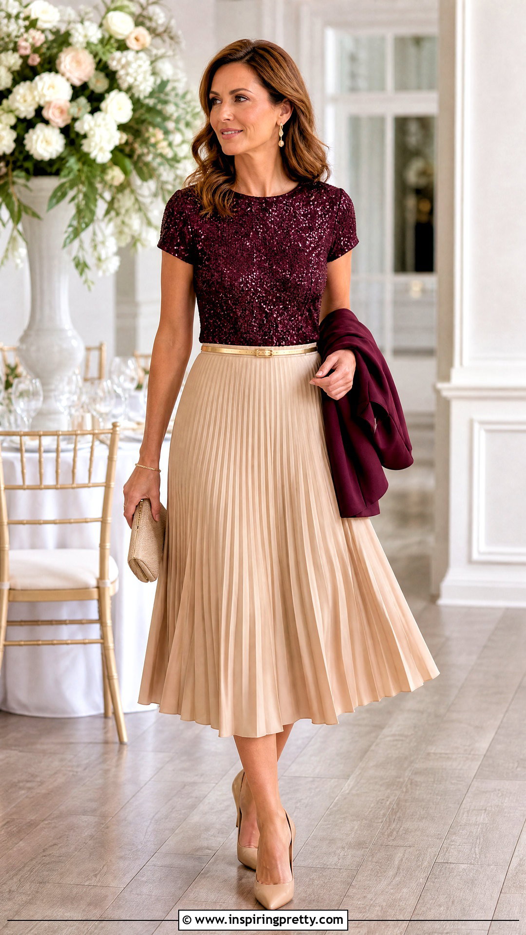 Burgundy Glitter Top With Pleated Midi Skirt - 25 burgundy glitter top outfit ideas