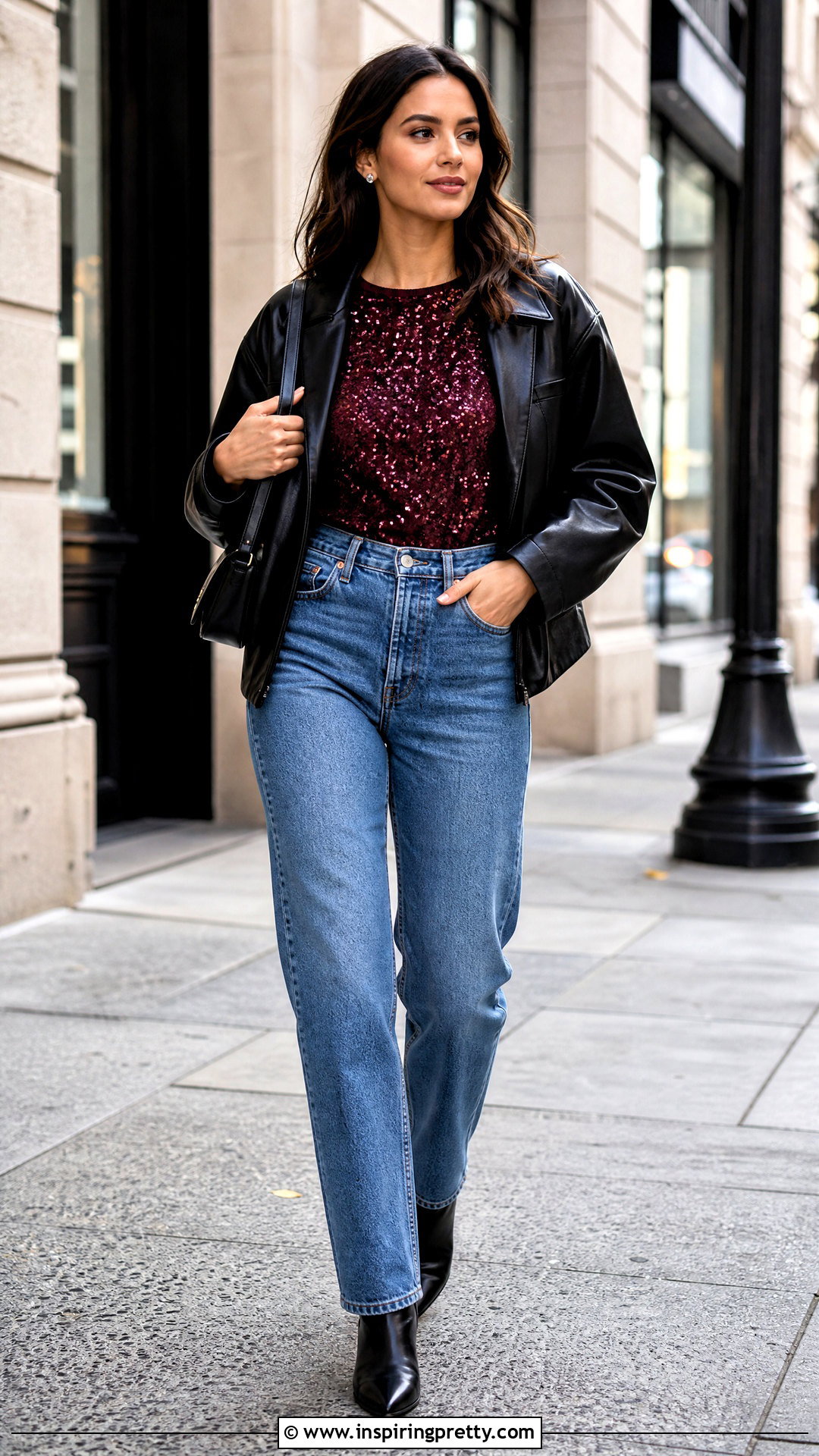 Burgundy Glitter Top With Straight Leg Jeans - 25 burgundy glitter top outfit ideas