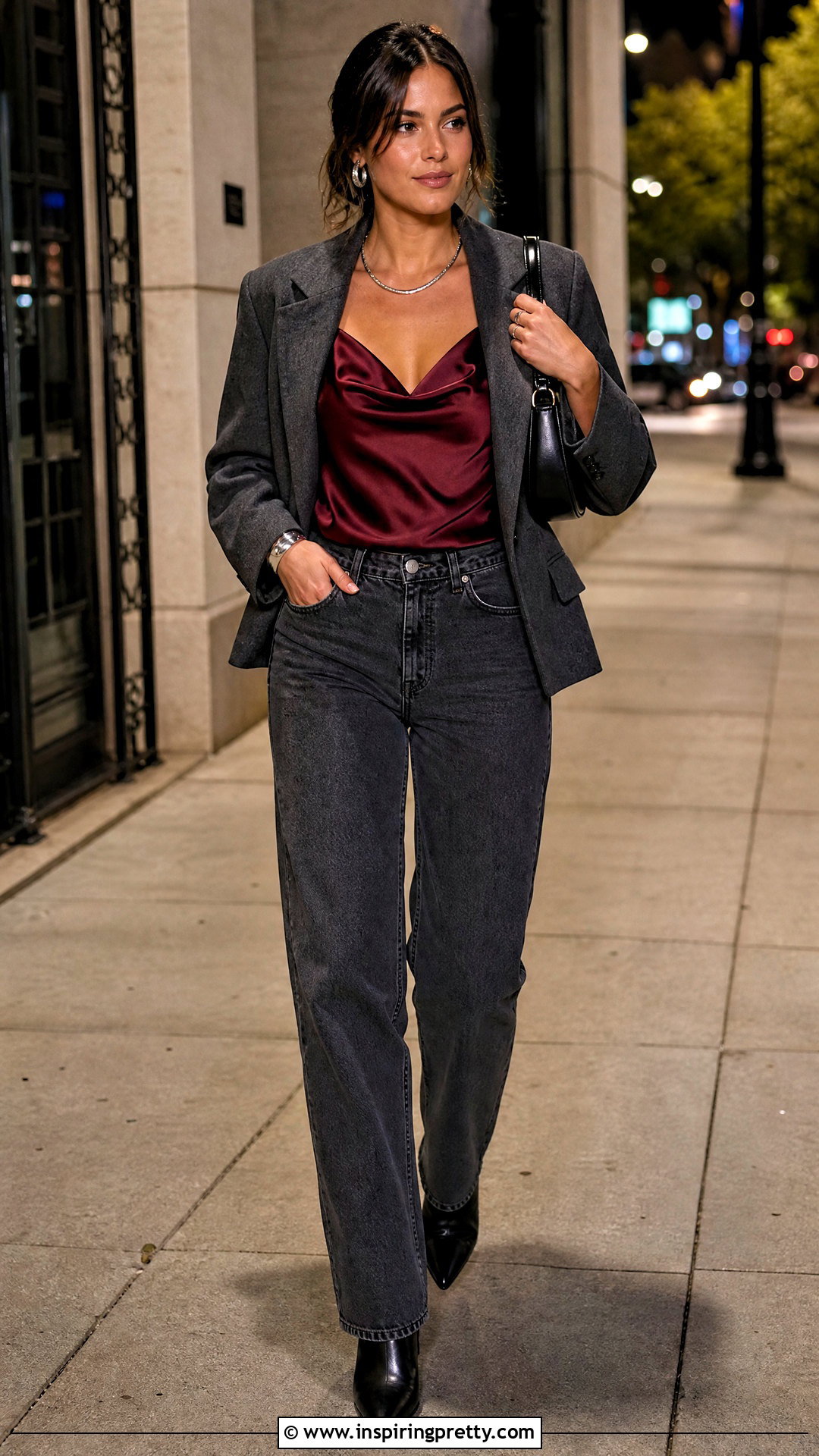 Burgundy Going Out Top With Gray Jeans - 50 cute going out tops outfit ideas