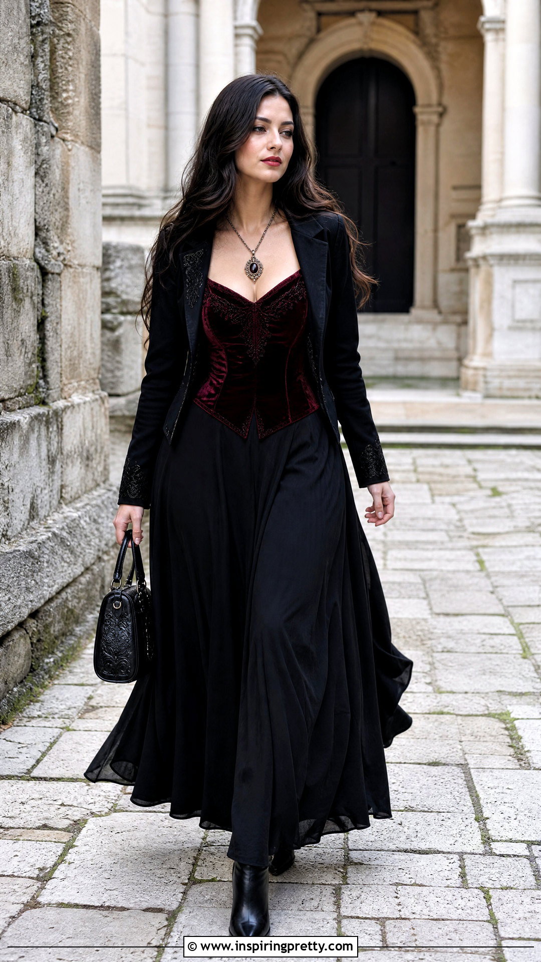Burgundy Gothic Top With Black Maxi Skirt - 50 gothic tops outfit ideas