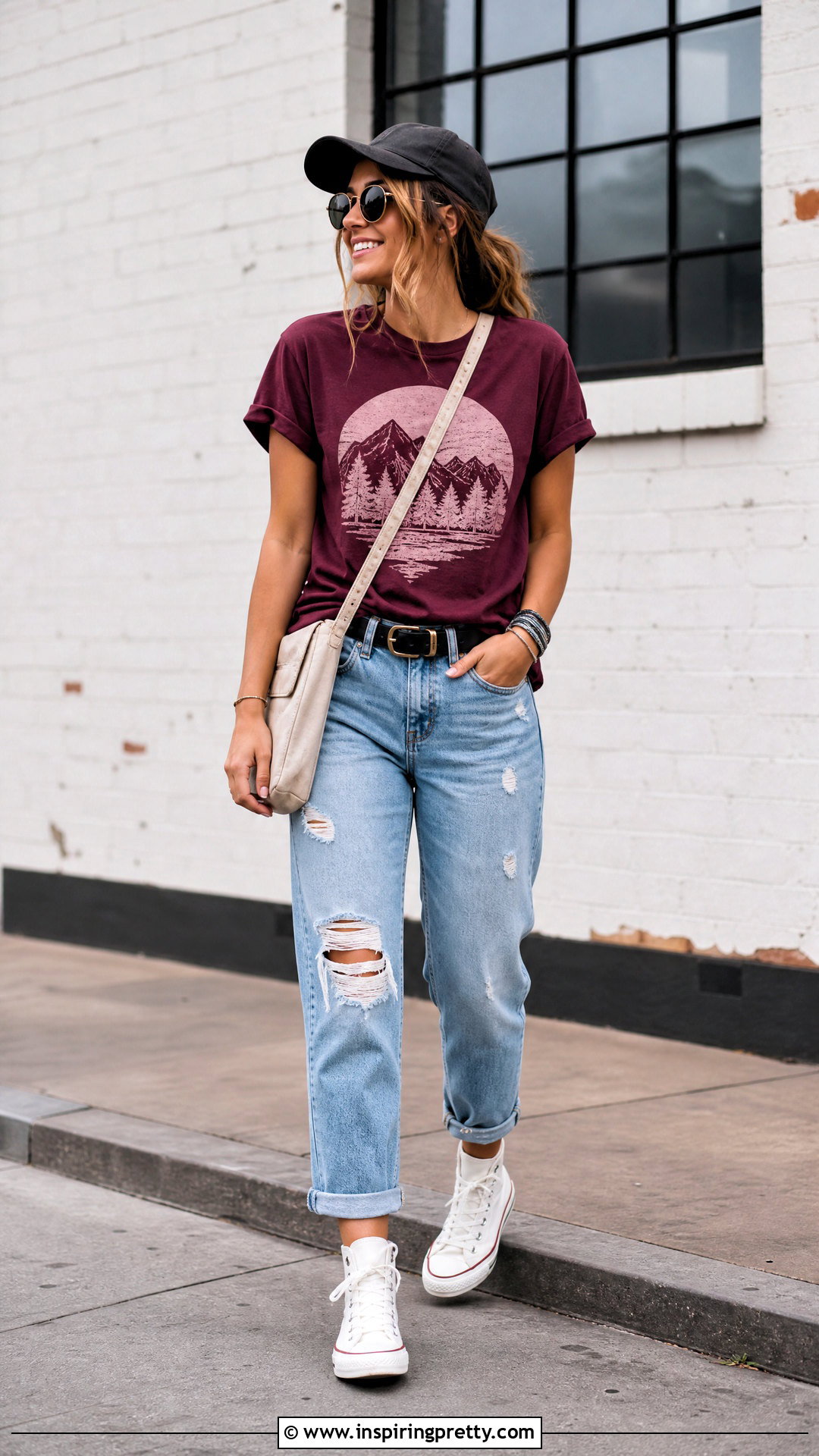 Burgundy Graphic T Shirt and Ripped Boyfriend Jeans - 50 burgundy top and jeans outfit ideas