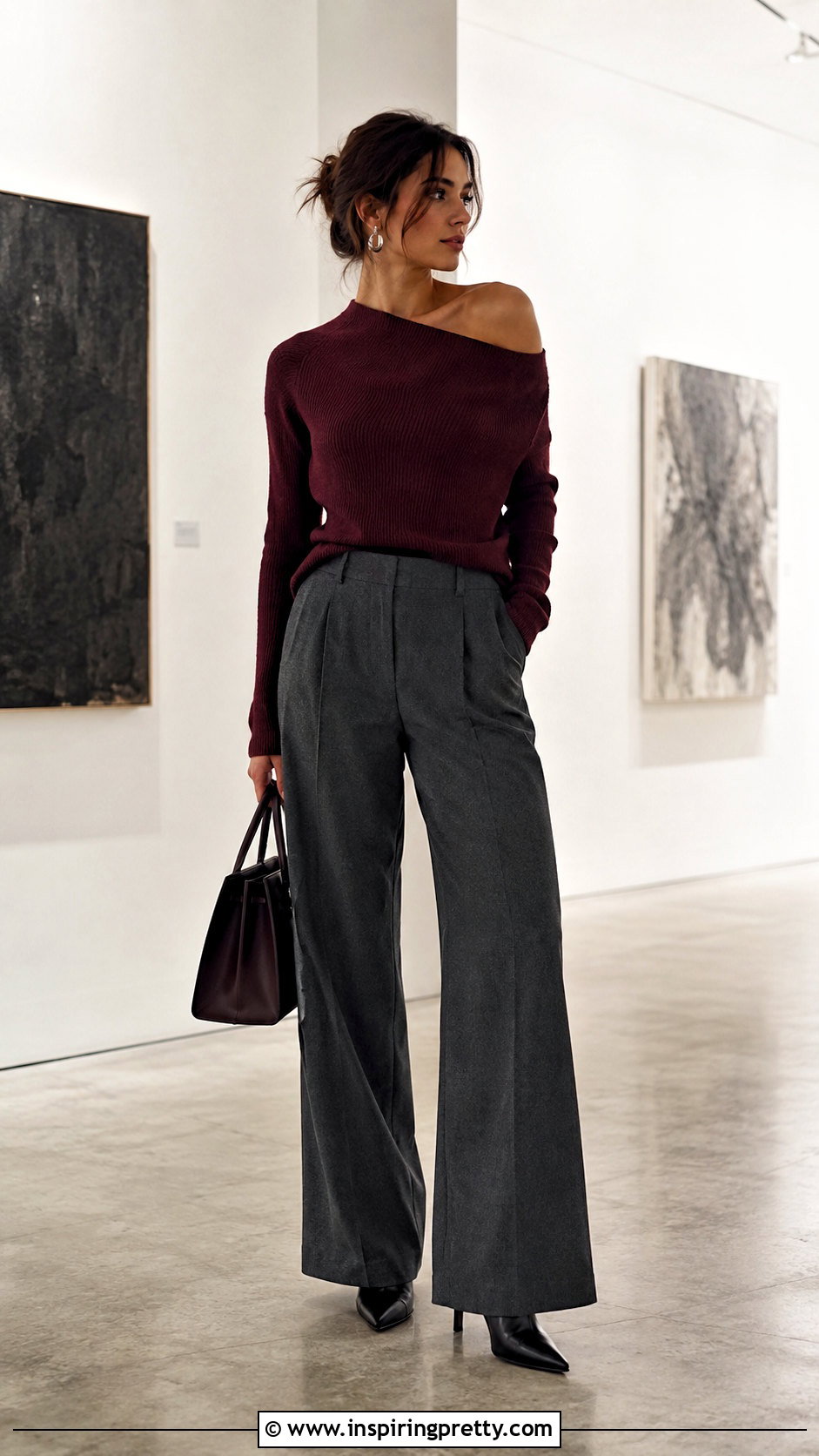 Burgundy Half Shoulder Top With Gray Pants - 50 half shoulder top outfit ideas