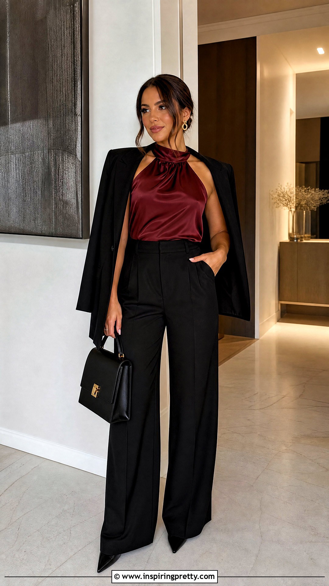 Burgundy Halter Top With Black Pants - 50 halter tops outfit ideas