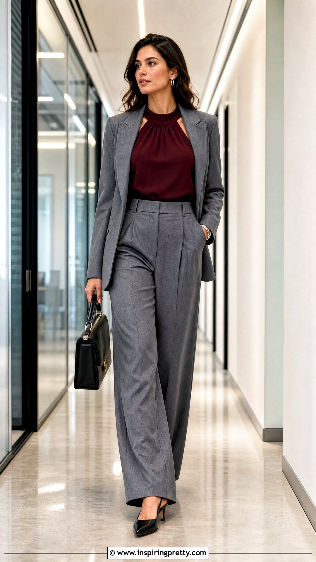 Burgundy Halter Top With Gray Suit - 25 Halter Top Business Casual outfits