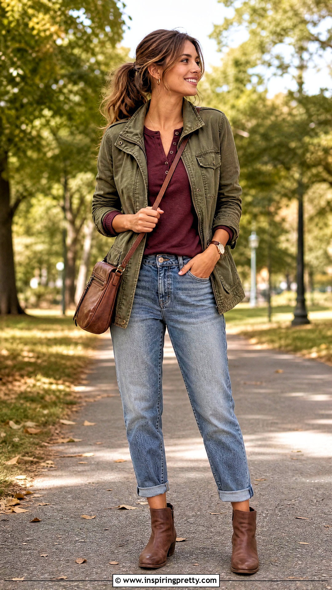 Burgundy Henley and Boyfriend Jeans With Utility Jacket - 50 burgundy top and jeans outfit ideas
