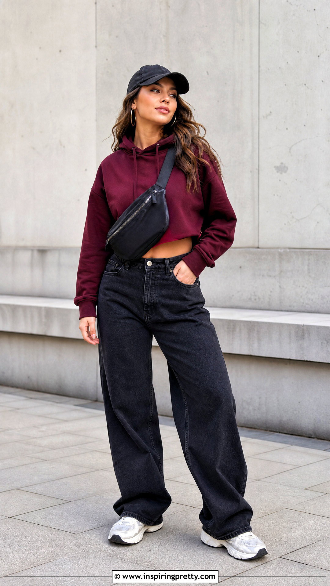 Burgundy Hoodie and Black Baggy Jeans - 50 burgundy top and jeans outfit ideas