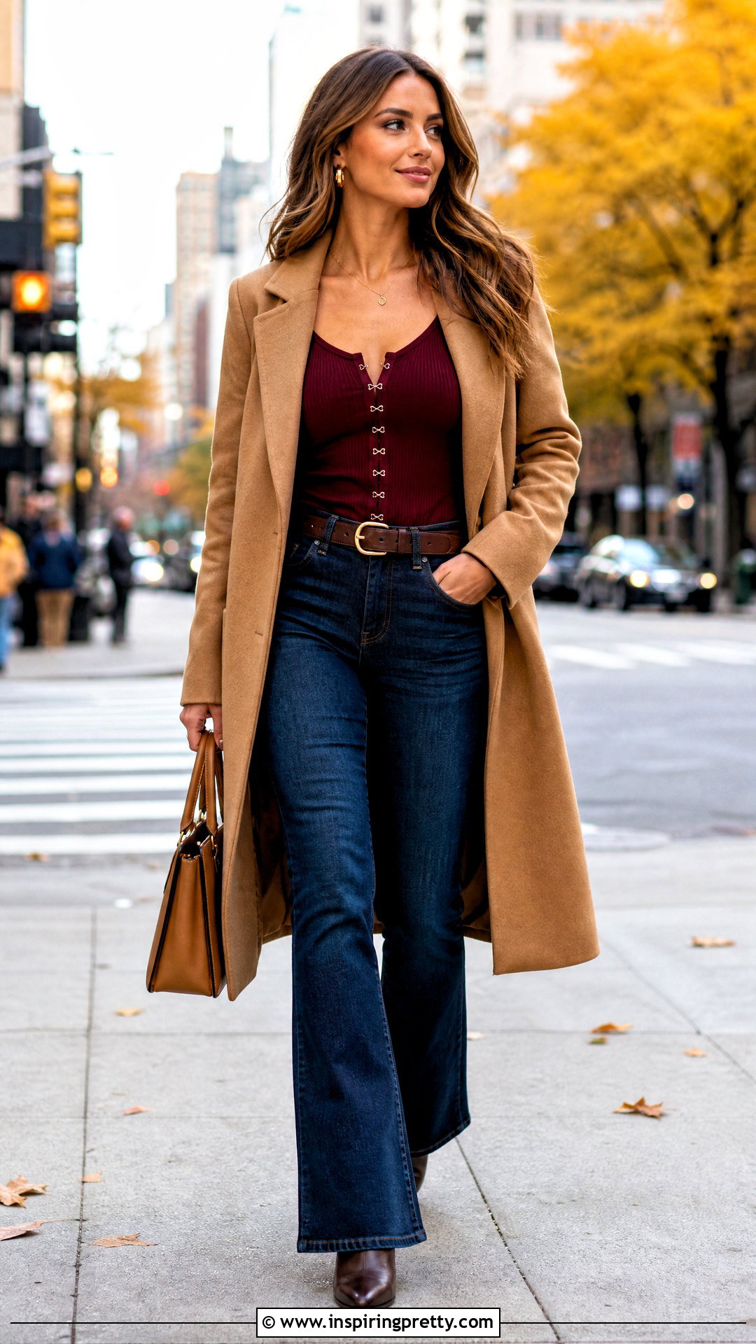 Burgundy Hook And Eye Top With Dark Wash Jeans - 25 hook and eye closure top outfit ideas