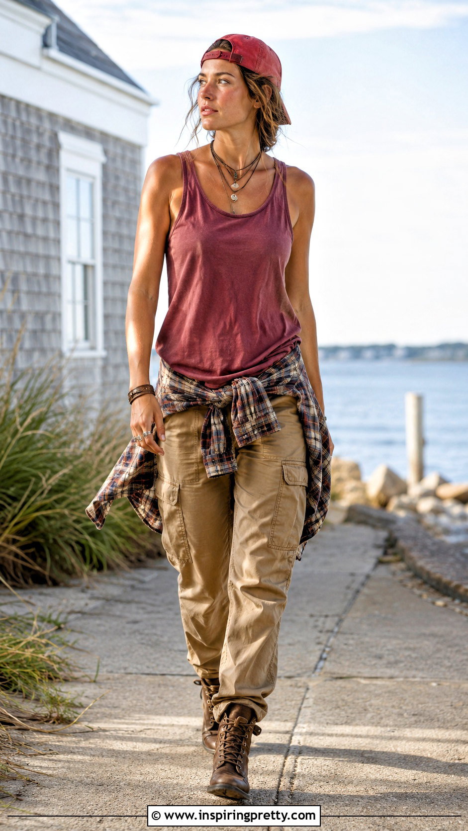 Burgundy JJ Outer Banks Tank Top With Tan Cargo Pants - 20 jj outer banks tank tops