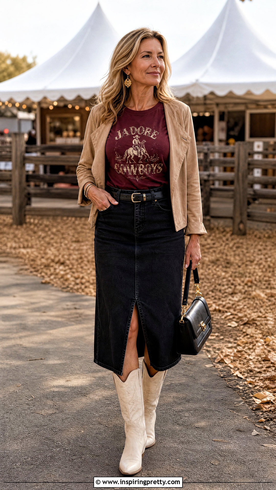 Burgundy Jadore Cowboys Tee With Black Denim Skirt - 20 Jadore Cowboys Tops