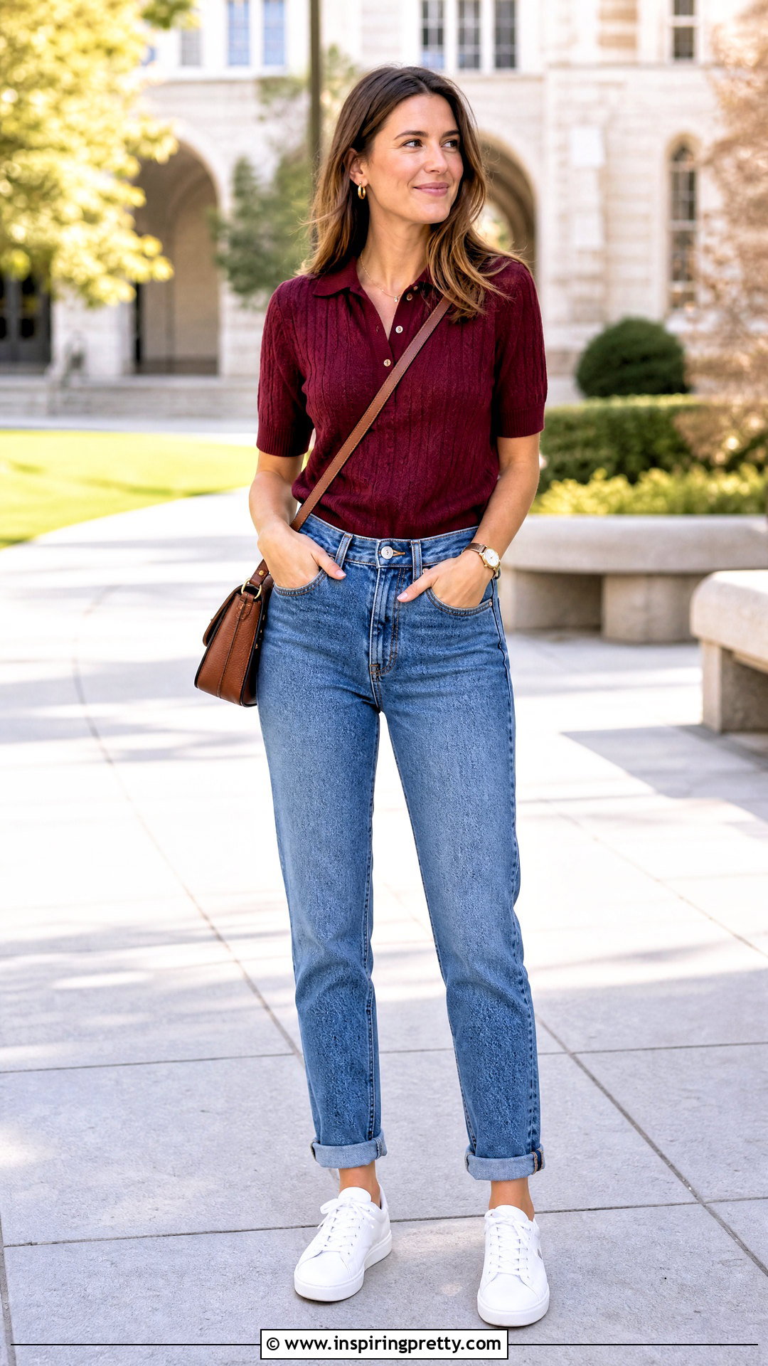 Burgundy Knit Polo Top and Cuffed Jeans - 50 burgundy top and jeans outfit ideas