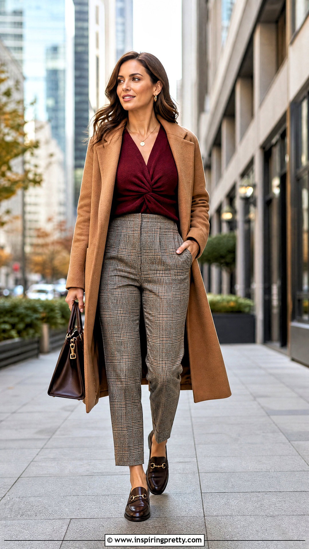 Burgundy Knot Front Knit Top With Plaid Trousers - 20 Knot Front Knit Top outfit ideas