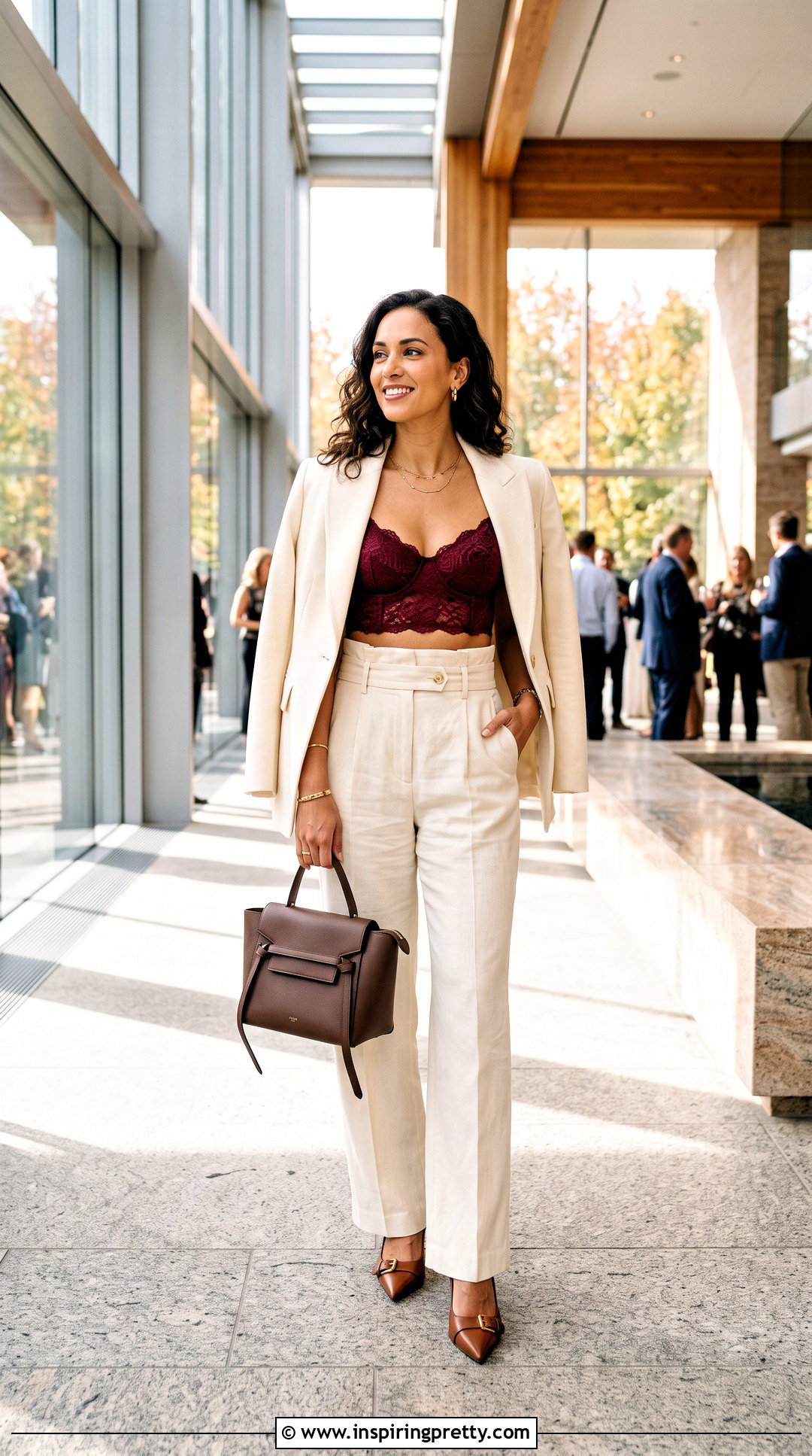 Burgundy Lace Bra Top With Cream Pants - 50 lace bra top outfit ideas