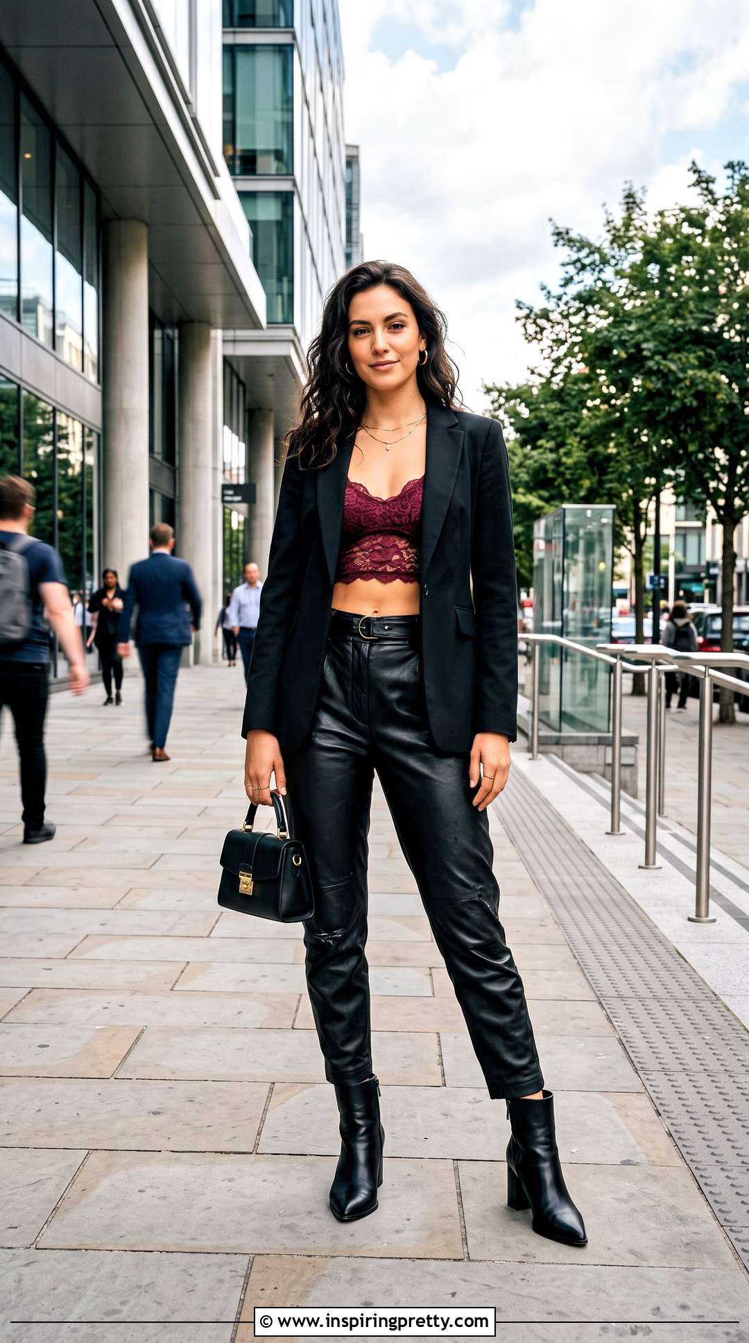 Burgundy Lace Crop Top With Black Leather Pants - 20 burgundy lace crop top outfit ideas