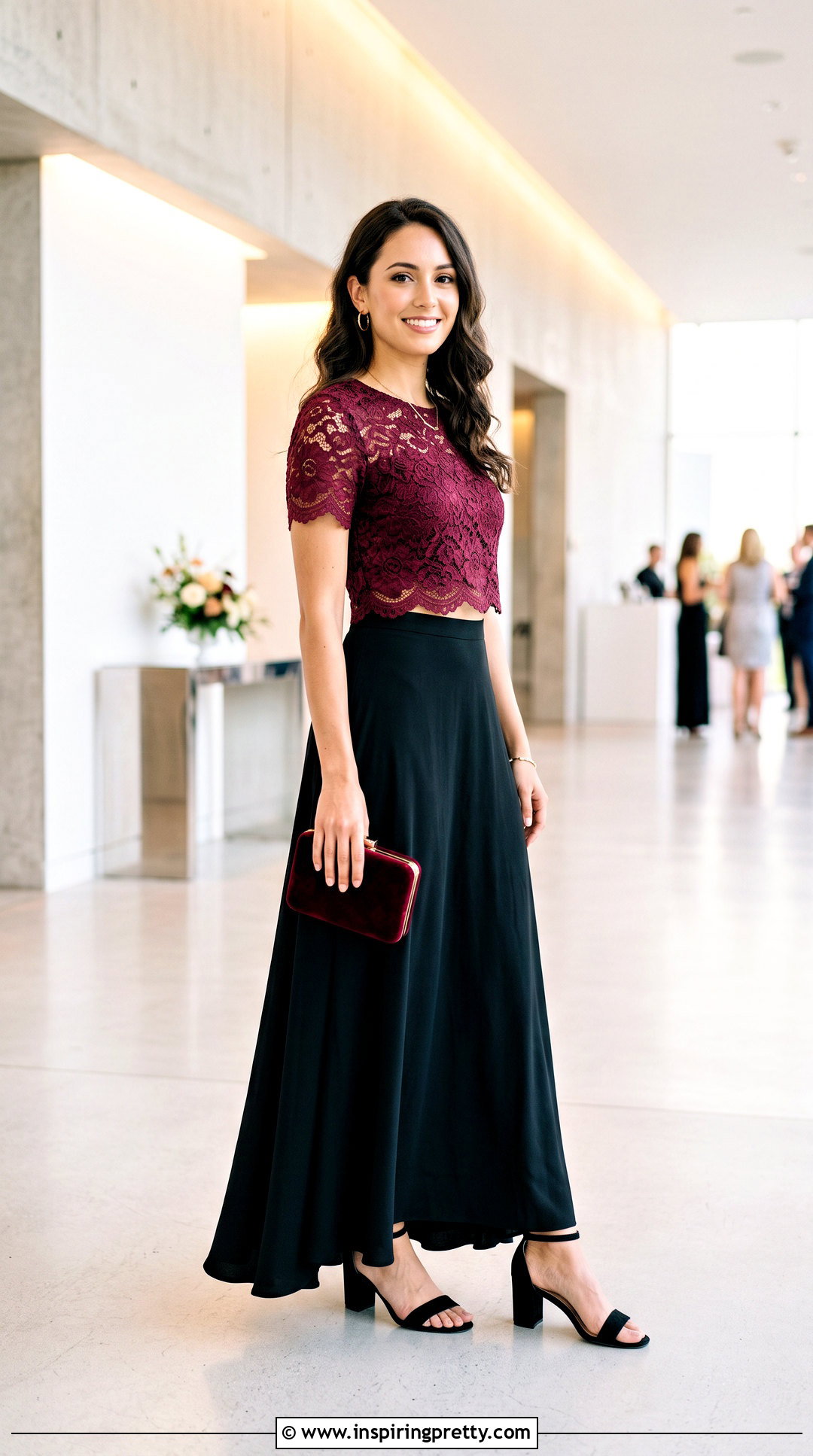 Burgundy Lace Crop Top With Black Maxi Skirt - 20 burgundy lace crop top outfit ideas