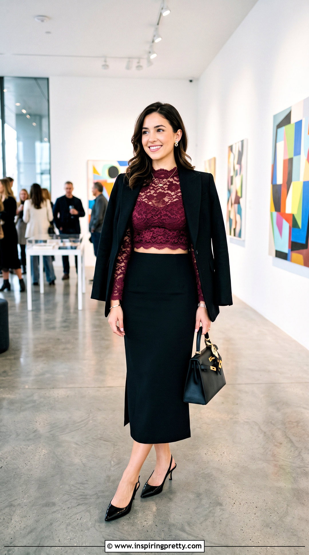 Burgundy Lace Crop Top With Black Pencil Skirt - 20 burgundy lace crop top outfit ideas