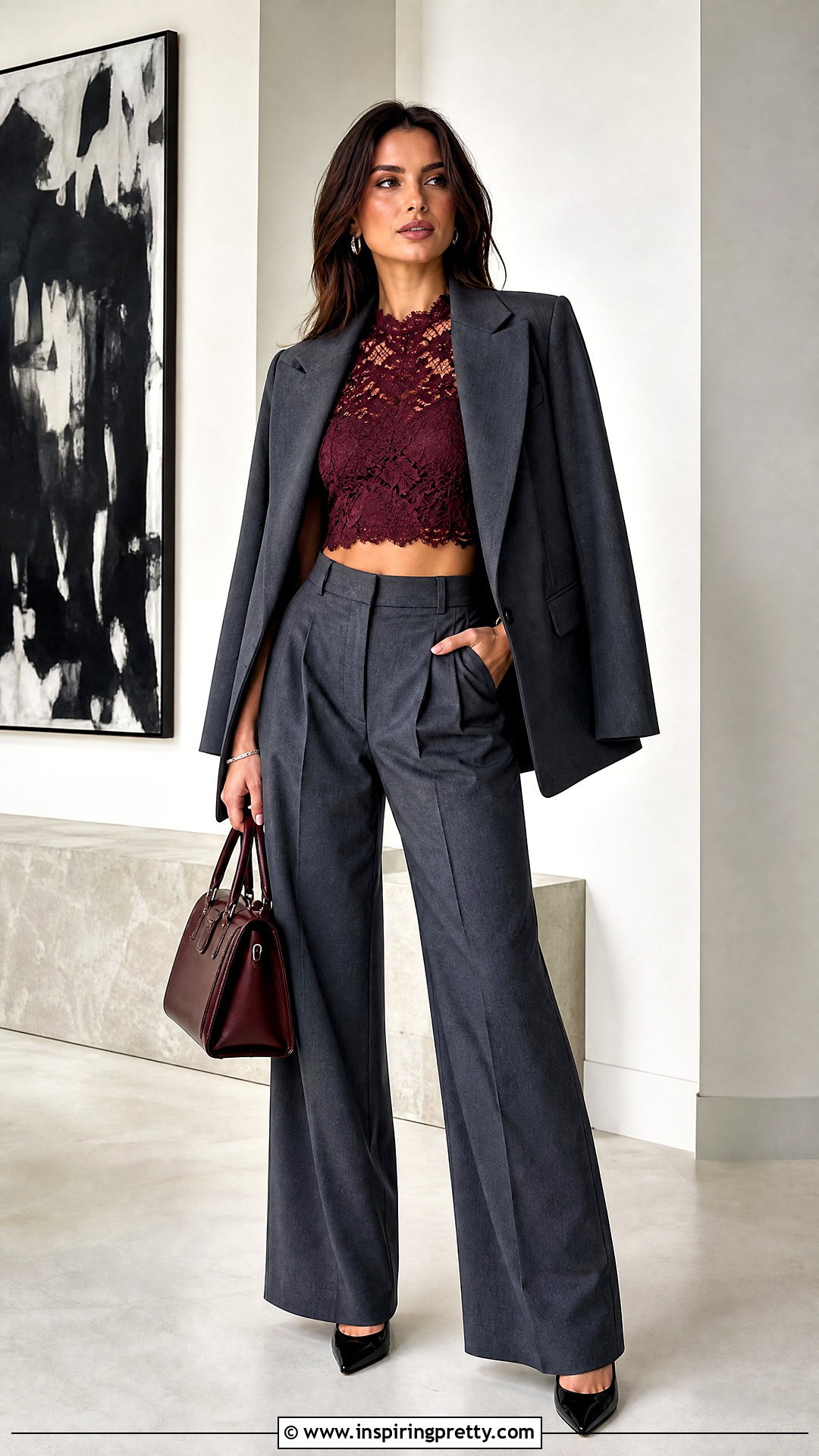 Burgundy Lace Crop Top With Gray Suit Pants - 20 burgundy lace crop top outfit ideas