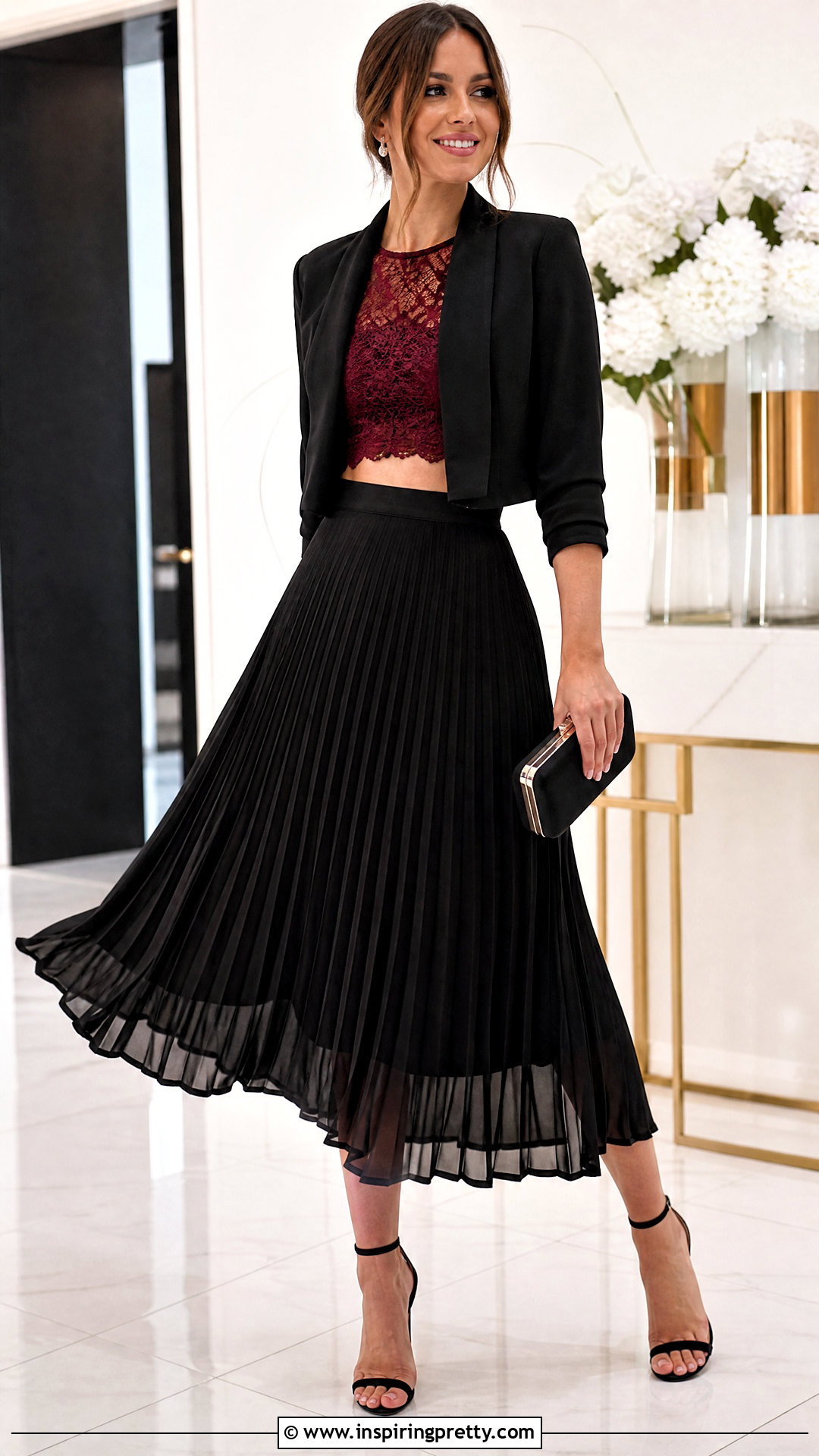 Burgundy Lace Crop Top With Pleated Midi Skirt - 20 burgundy lace crop top outfit ideas
