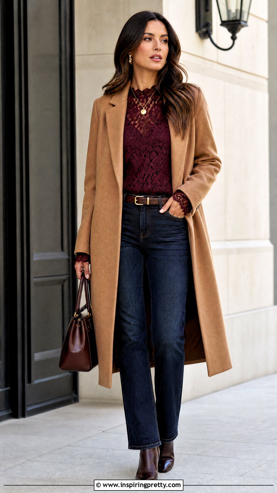 Burgundy Lace Layering Top With Dark Wash Jeans - 50 Lace Layering Top Outfit ideas