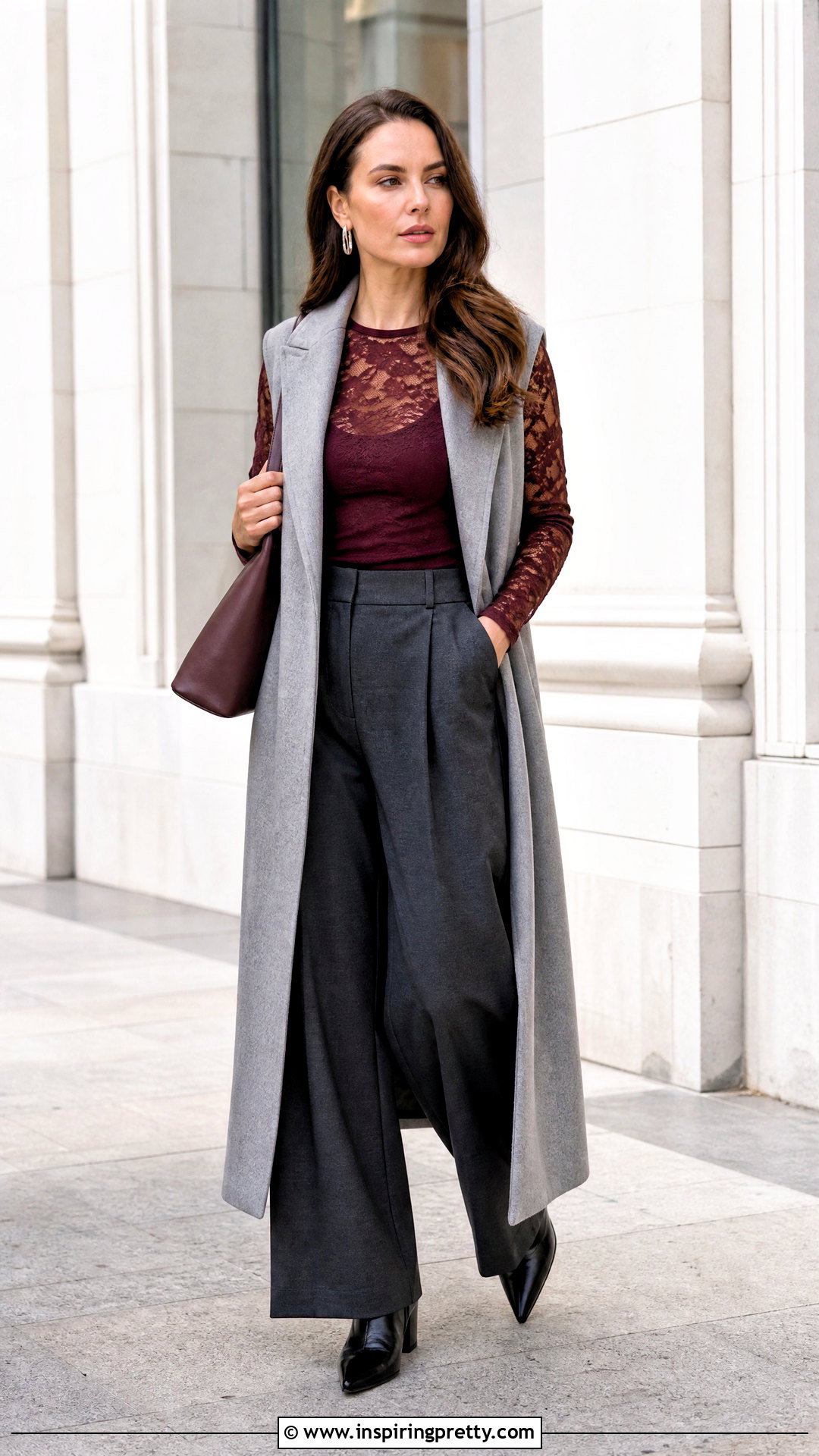 Burgundy Lace Long Sleeve Top With Gray Layers - 50 lace long sleeve top outfit layered ideas
