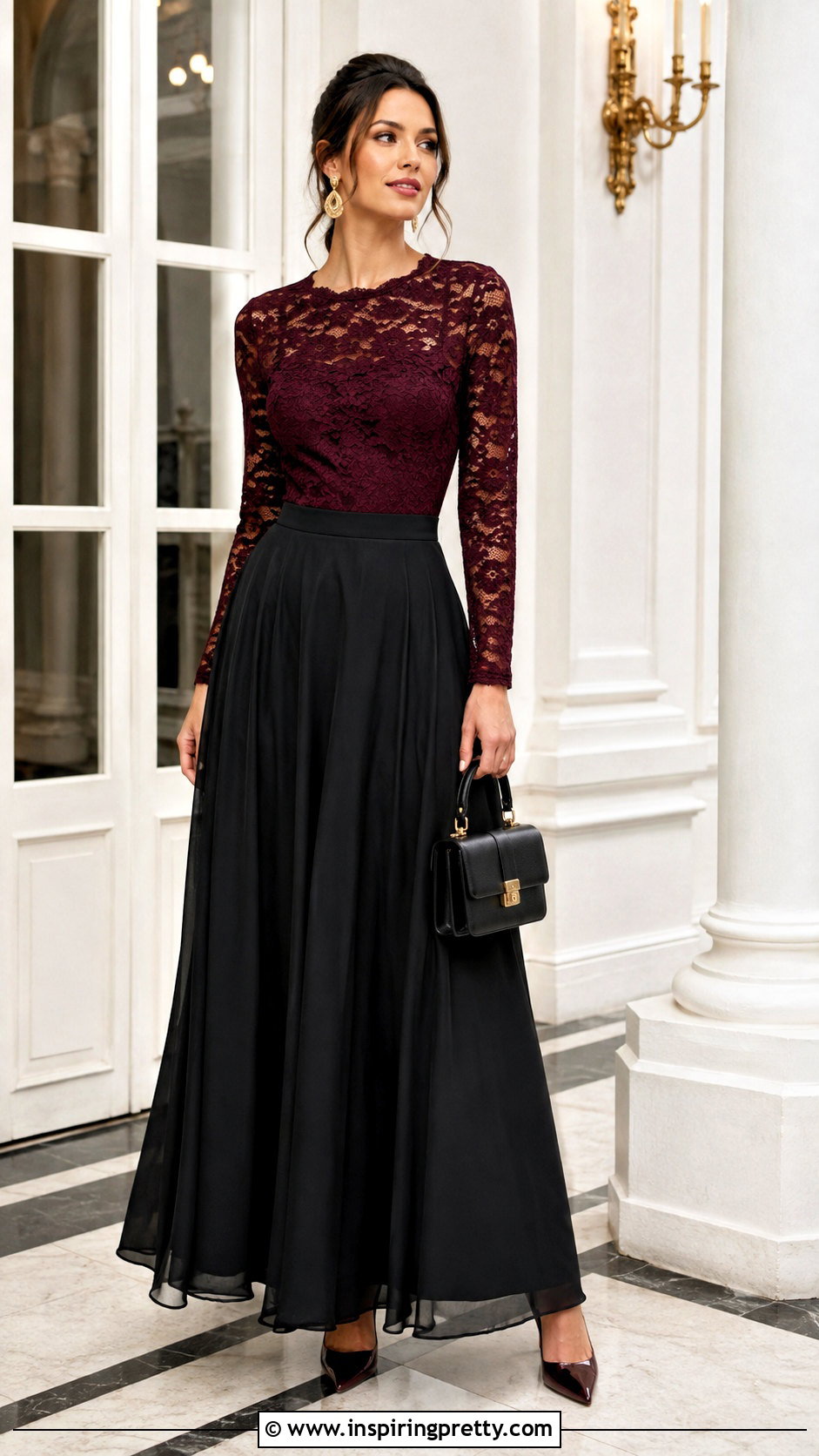 Burgundy Lace Long Sleeve Top With Maxi Skirt - 50 long sleeve going out tops outfit ideas