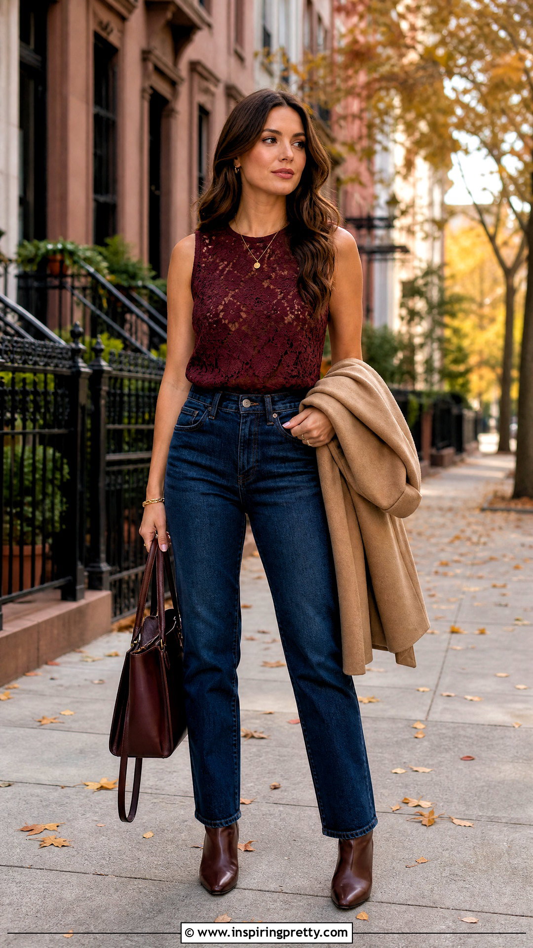 Burgundy Lace Shell Top With Dark Wash Jeans - 25 lace shell top outfit ideas