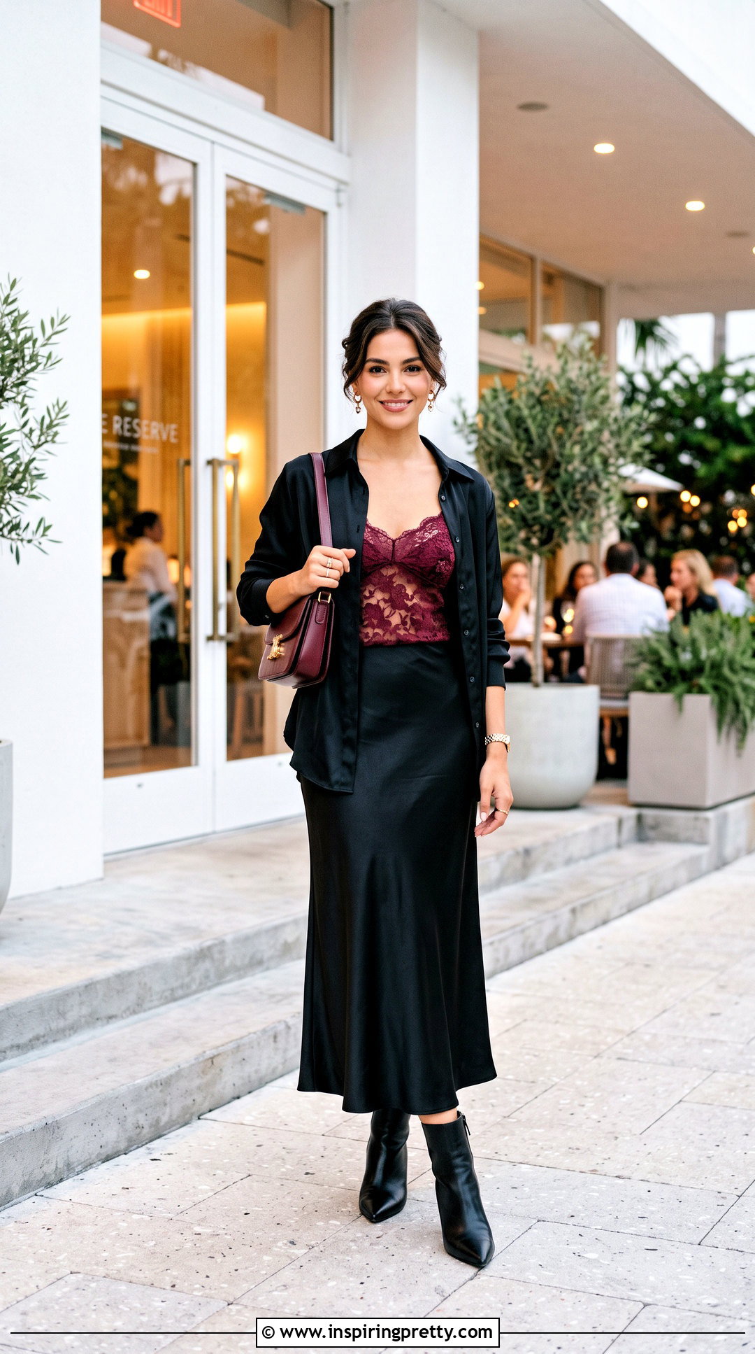 Burgundy Lace Top Under Black Satin Shirt With Midi Skirt - 50 lace top under shirt outfit ideas