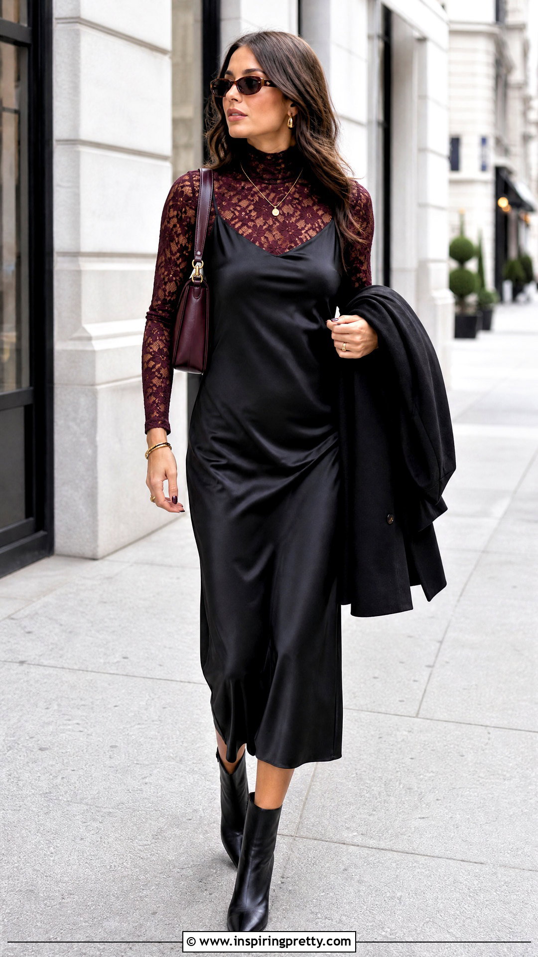 Burgundy Lace Top Under Black Slip Dress With Ankle Boots - 25 Lace Top Under Slip Dress outfit ideas