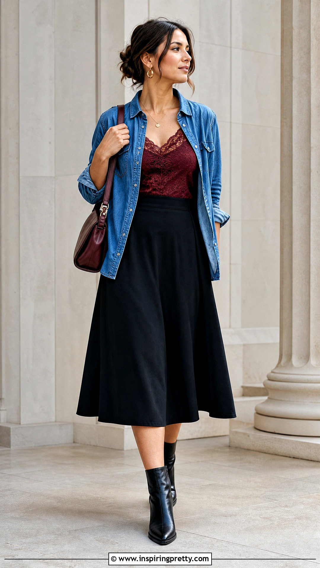 Burgundy Lace Top Under Denim Shirt With Black Skirt - 50 lace top under shirt outfit ideas