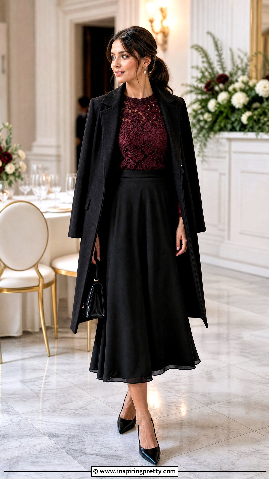 Burgundy Lace Top With Black Midi Skirt - 50 burgundy top outfit ideas