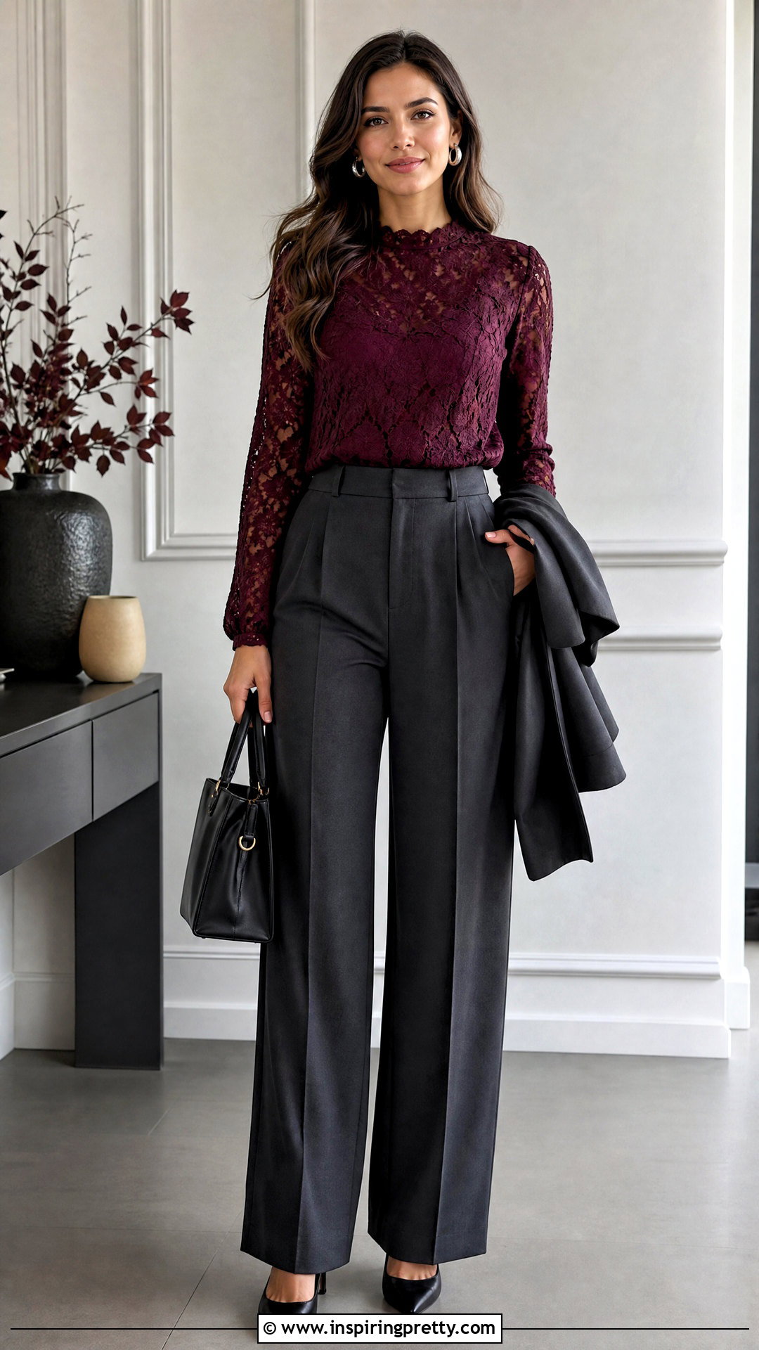 Burgundy Lace Top With Gray Trousers - 50 lace top styles