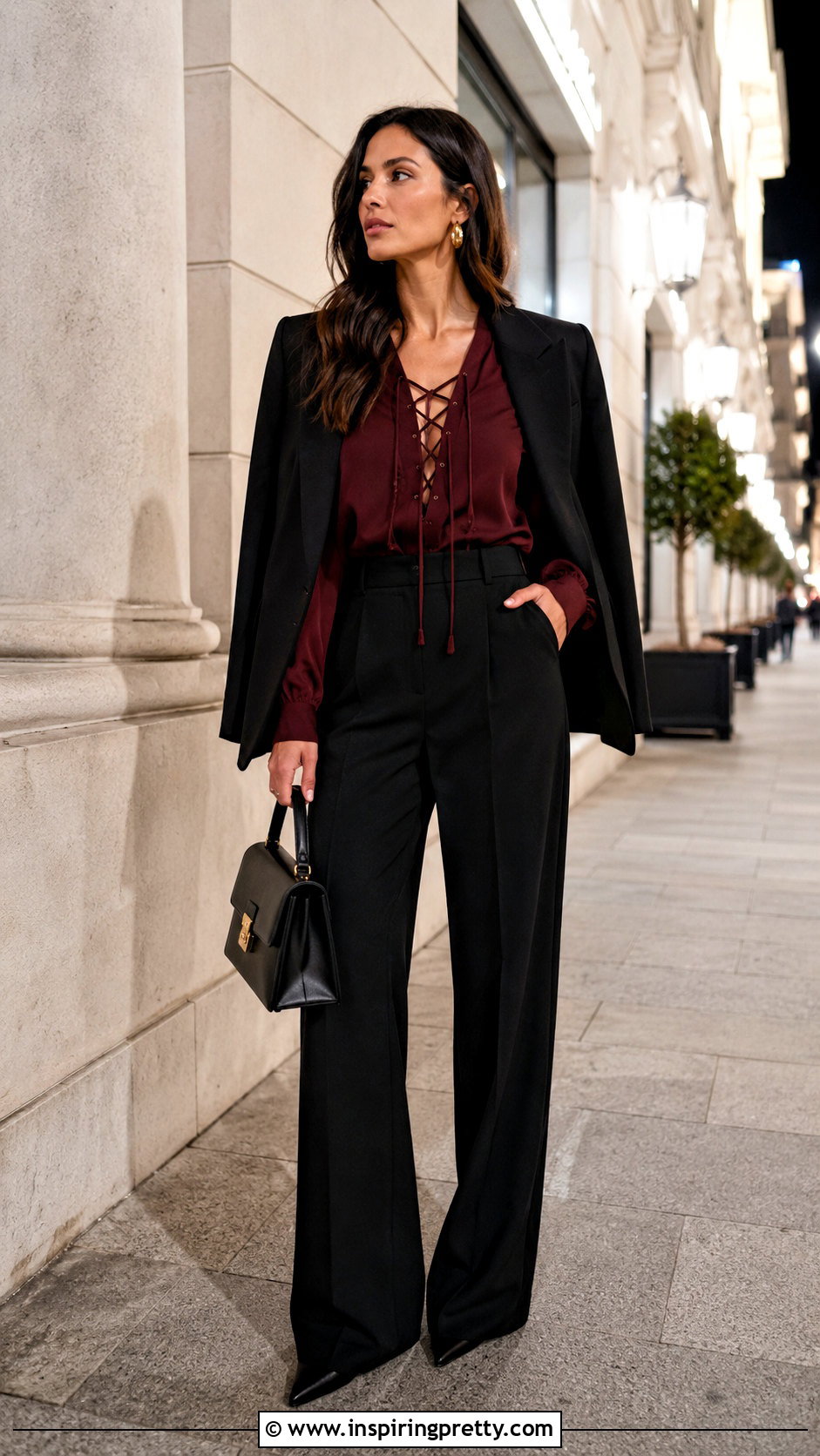 Burgundy Lace Up Top With Black Trousers - 50 lace up top outfit ideas
