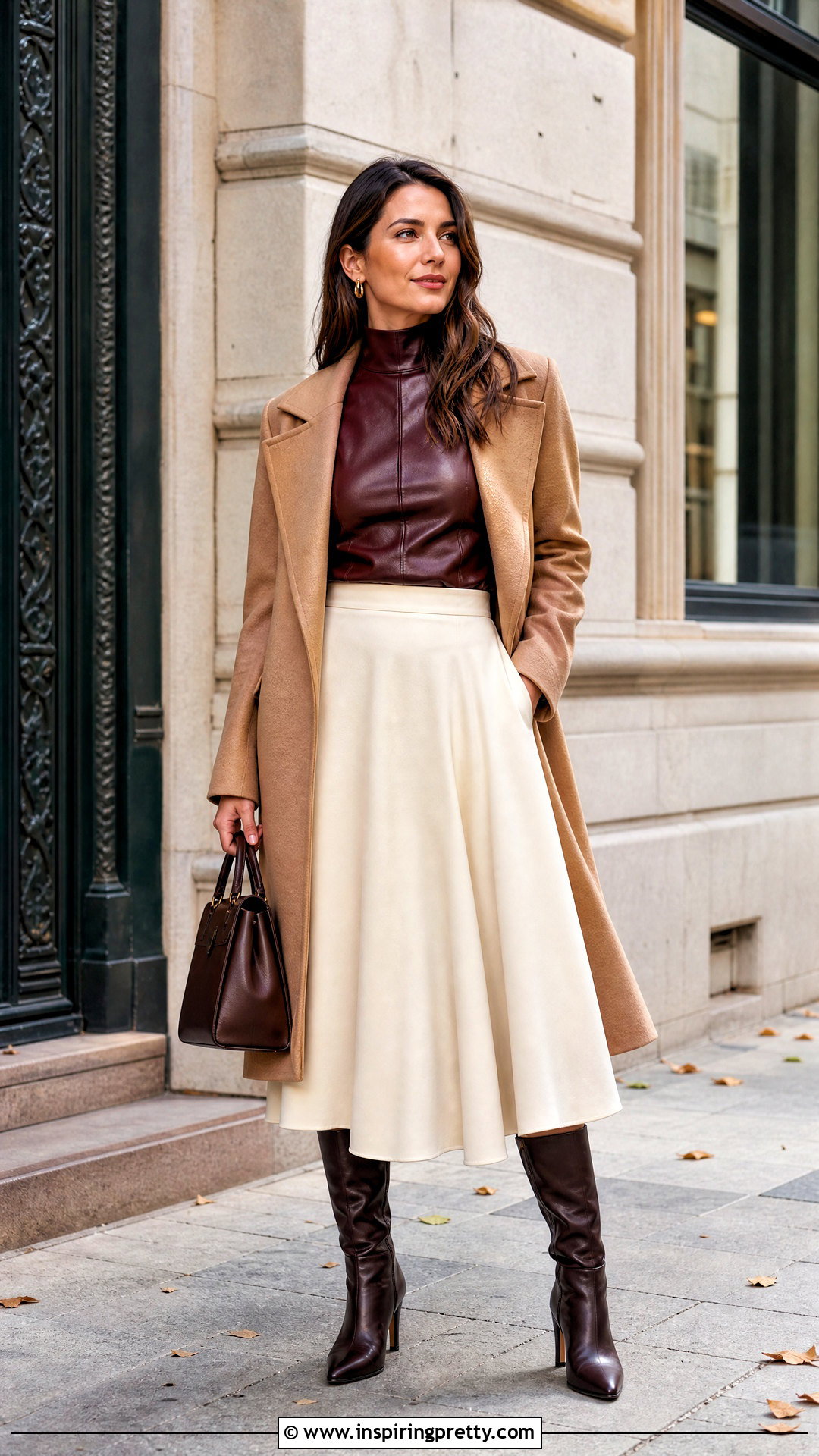Burgundy Leather High Neck Top With Cream Skirt - 25 Leather High Neck Top outfit ideas